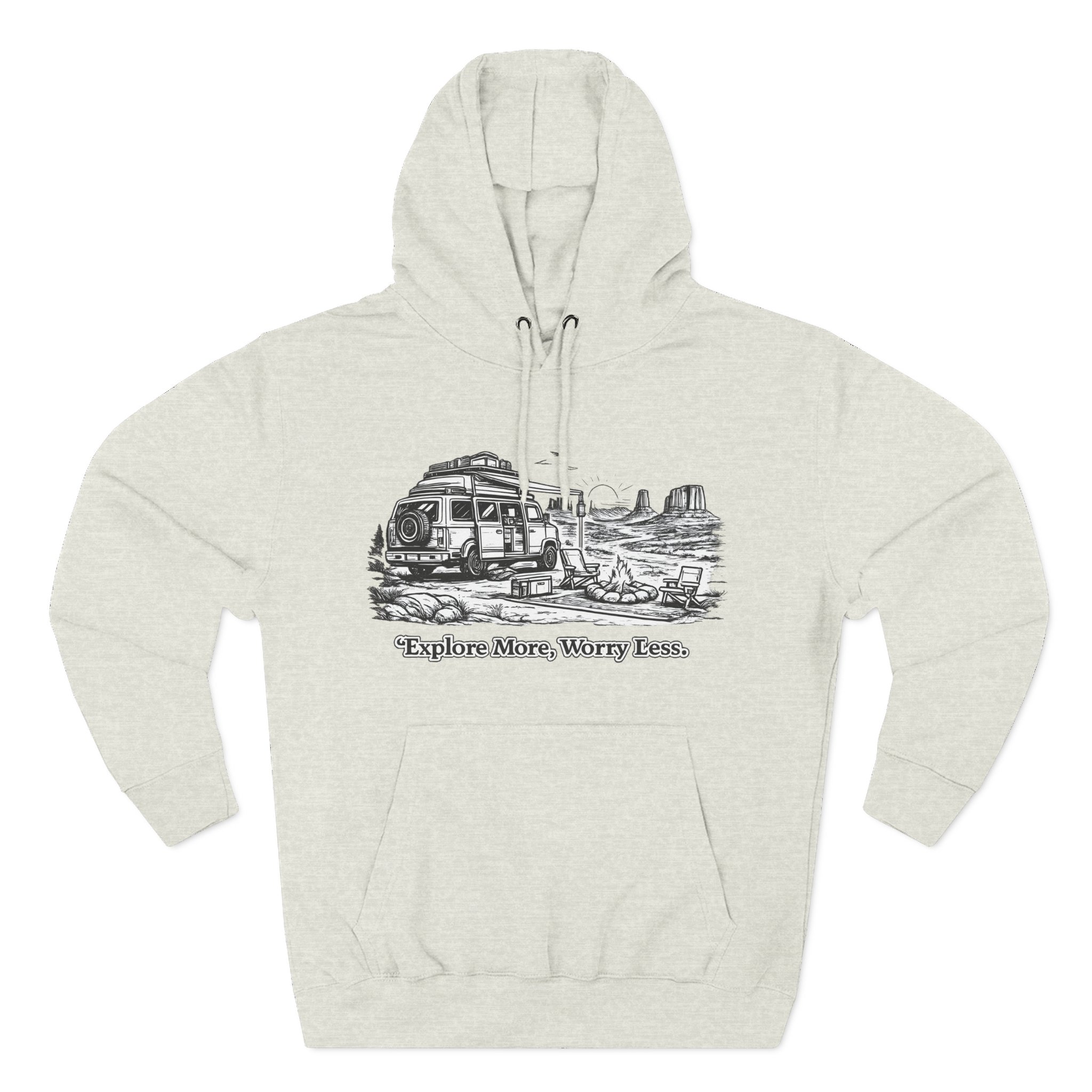 Three-Panel Fleece Hoodie - "Explore More Worry Less" Design Minimal-Line