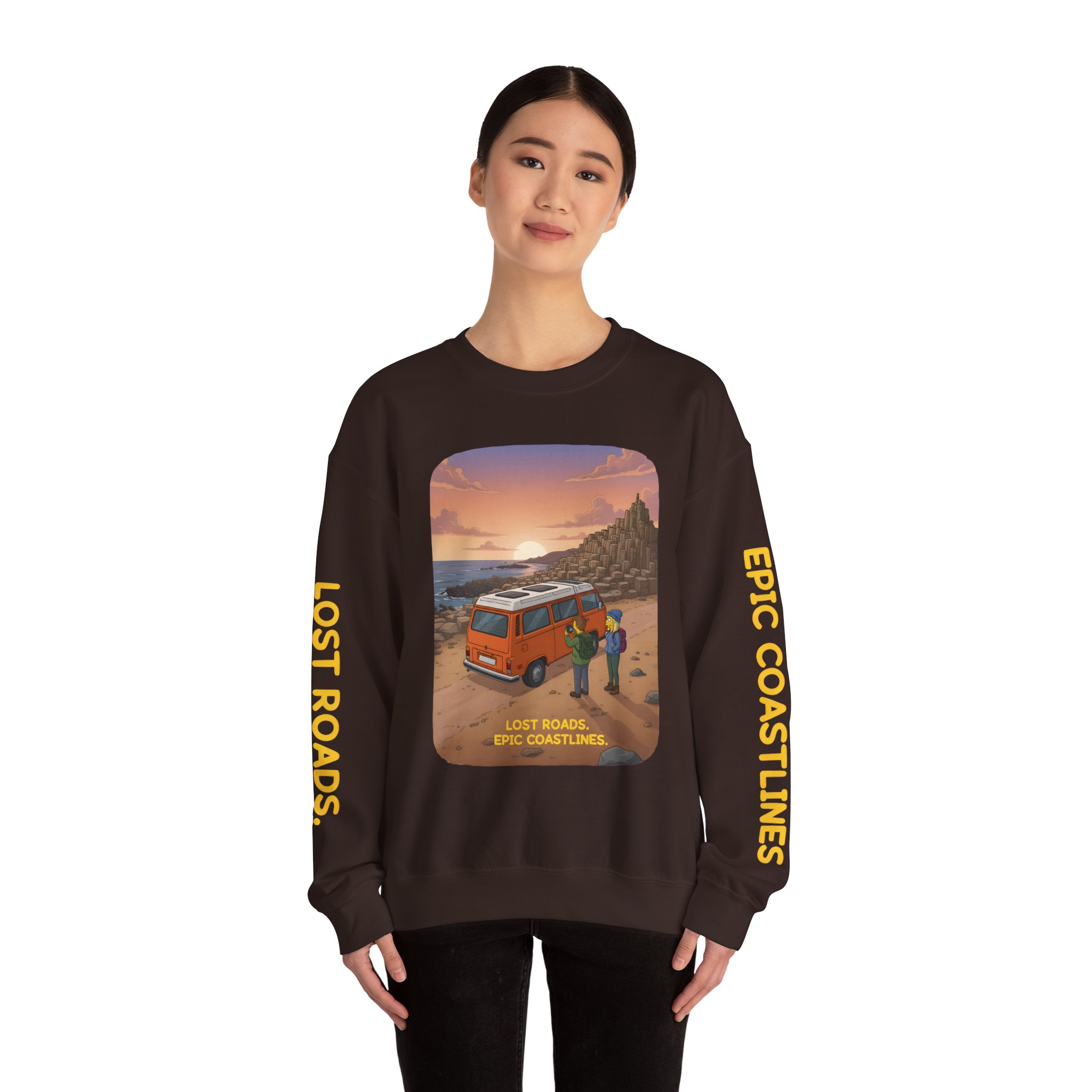 Unisex Heavy Blend™ Crewneck Sweatshirt — "Lost Roads Epic Coastlines" Design Sitcom-Line