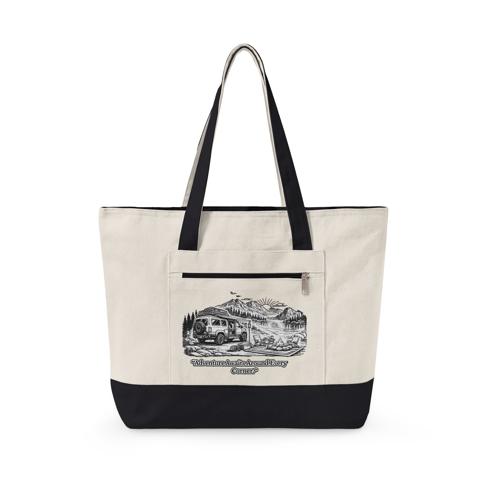 Zippered Canvas Tote — "Adventure Awaits Around Every Corner" (Design Minimal-Line)