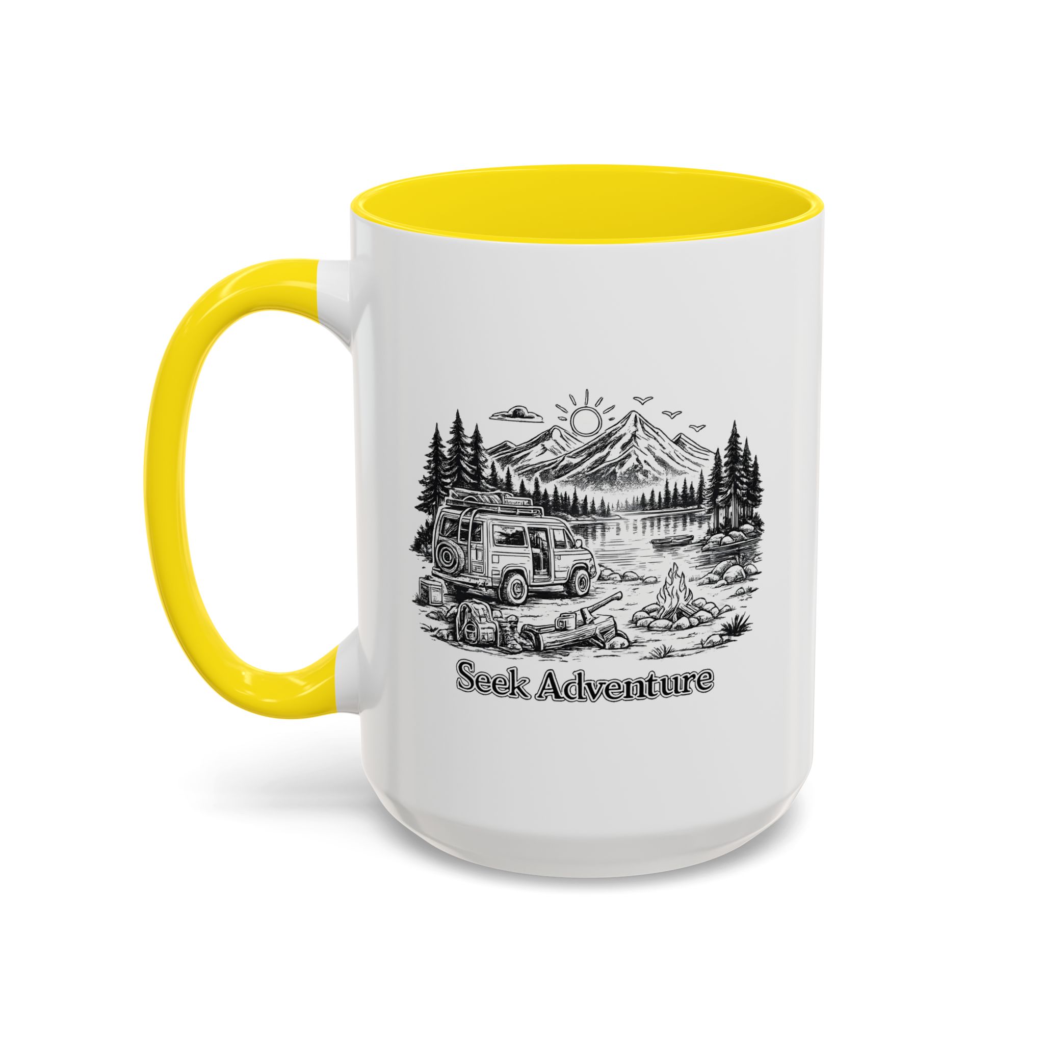 Accent Coffee Mug (11, 15oz) — "Seek Adventure" Design Minimal-Line