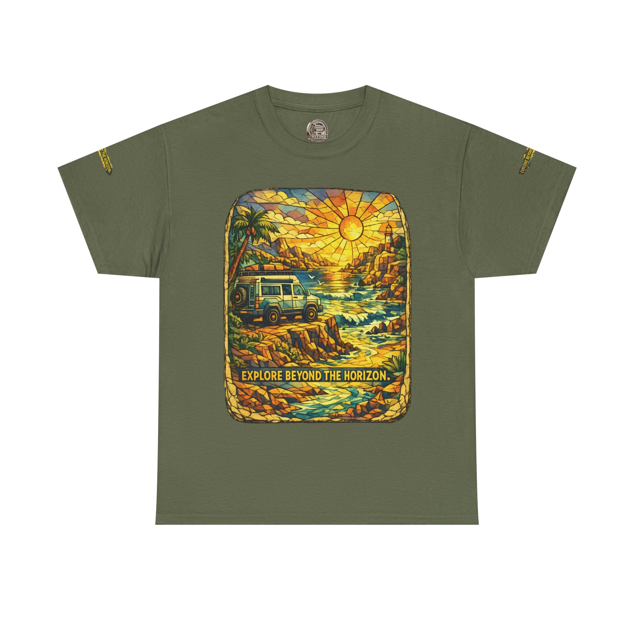 Unisex Heavy Cotton Tee — "Explore Beyond The Horizon" Design Cubic-Line