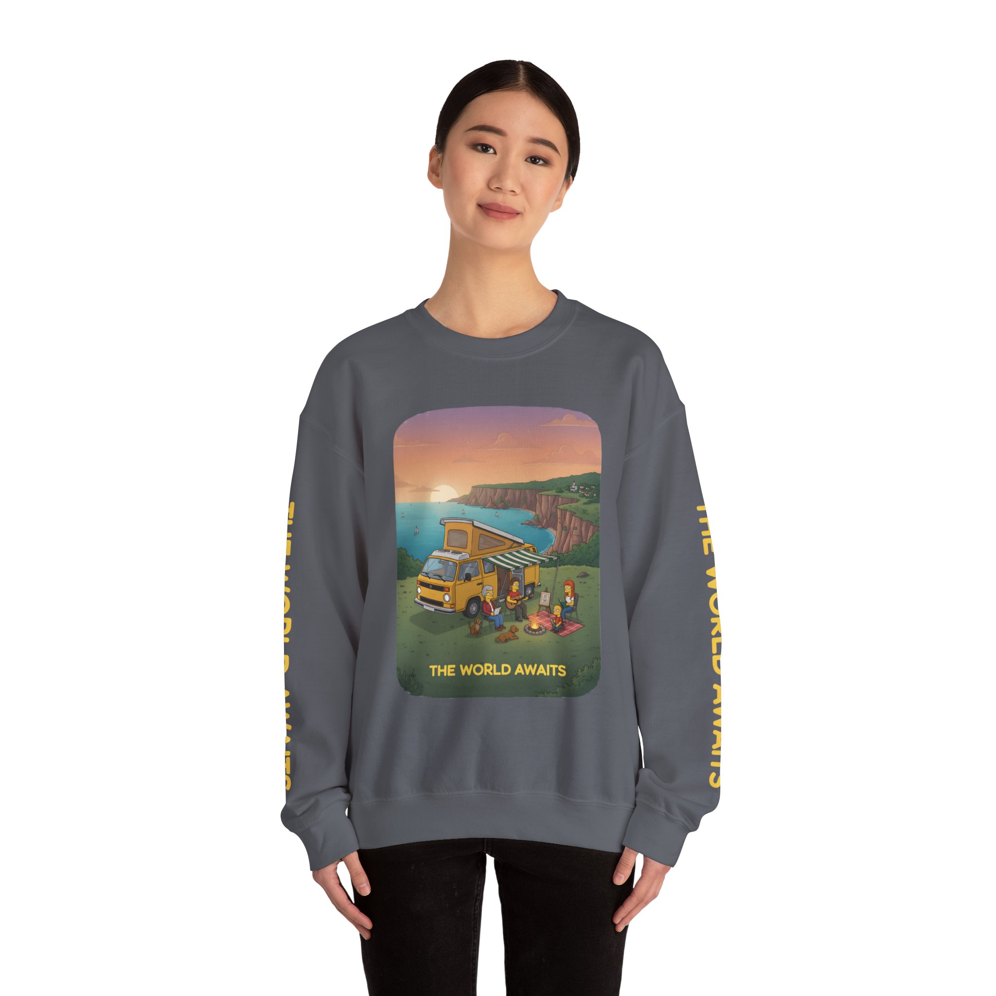 Unisex Heavy Blend™ Crewneck Sweatshirt — "The World Awaits" Design Sitcom-Line