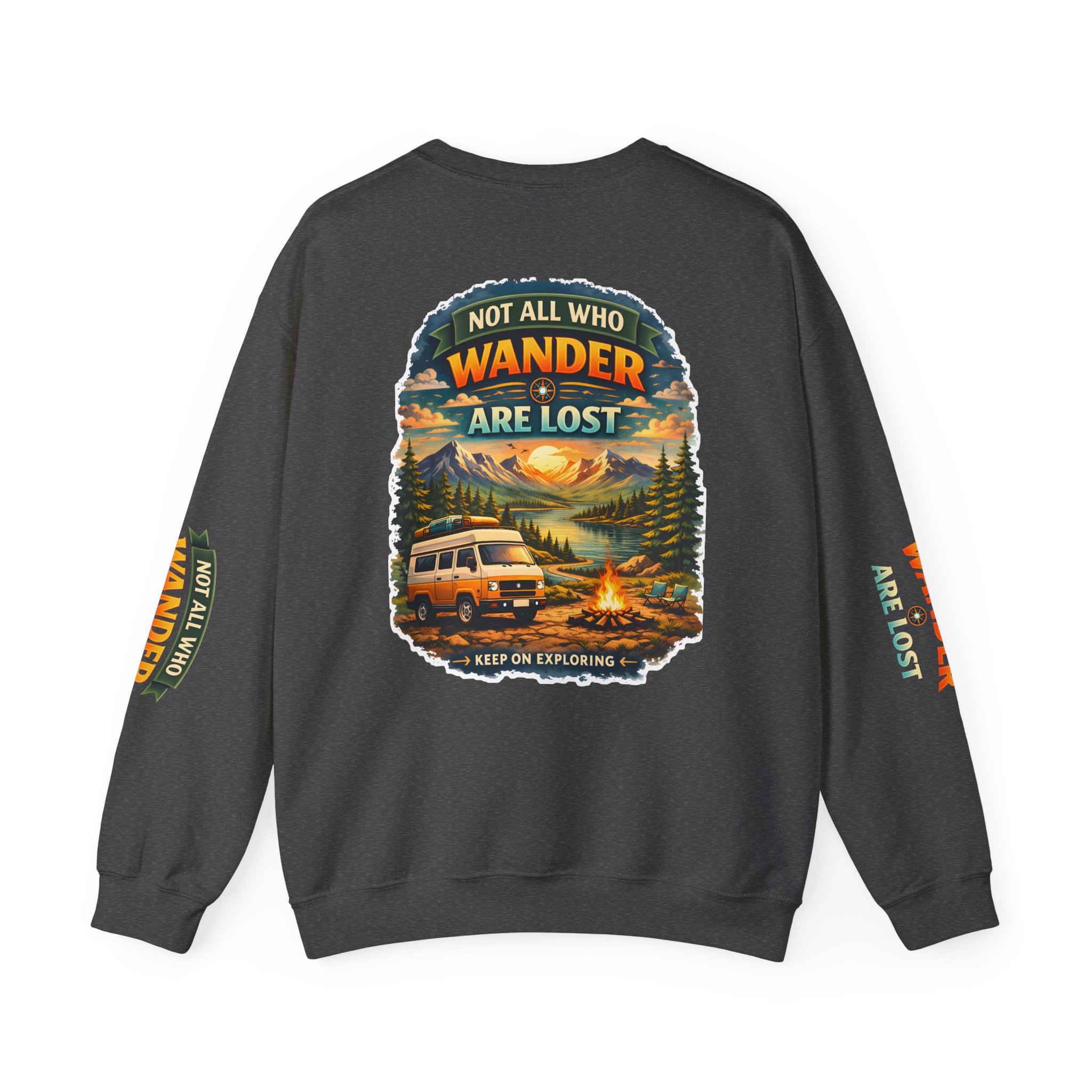 Unisex Heavy Blend™ Crewneck Sweatshirt — "Not All Who Wander Are Lost" Design Scenic-Line