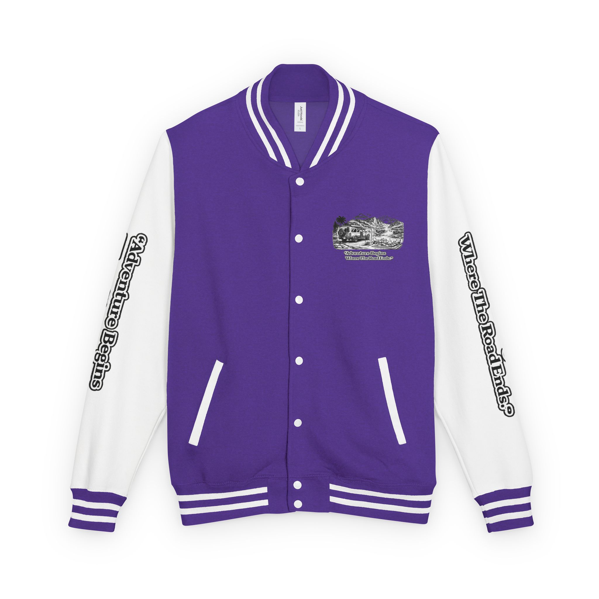 16103042981520876314_2048-1.jpeg Unisex Heavyweight Letterman Jacket — "Adventure Begins Where The Road Ends" Travel Varsity Coat