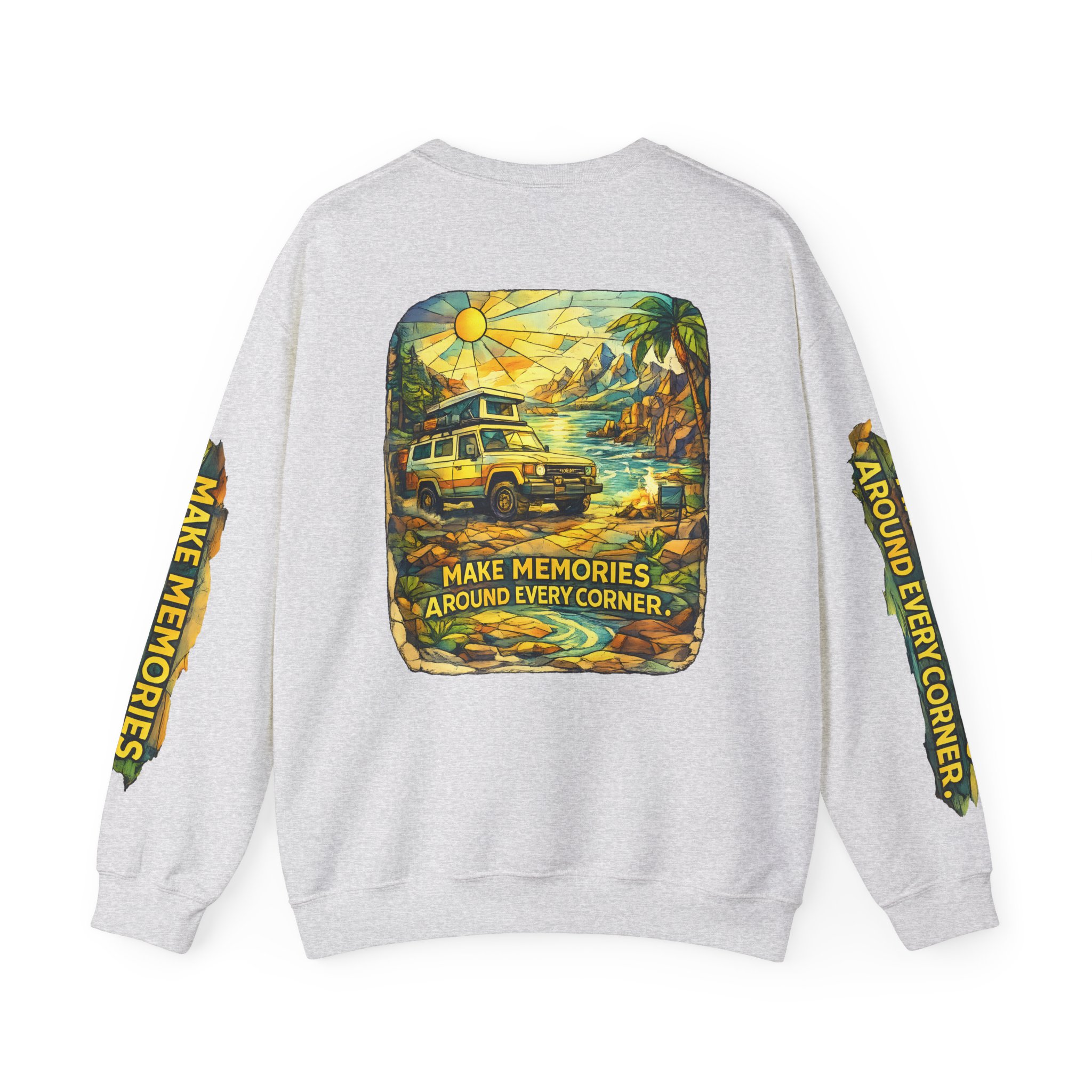 Unisex Heavy Blend™ Crewneck Sweatshirt — "Make Memories Around Every Corner" Design Cubic-Line