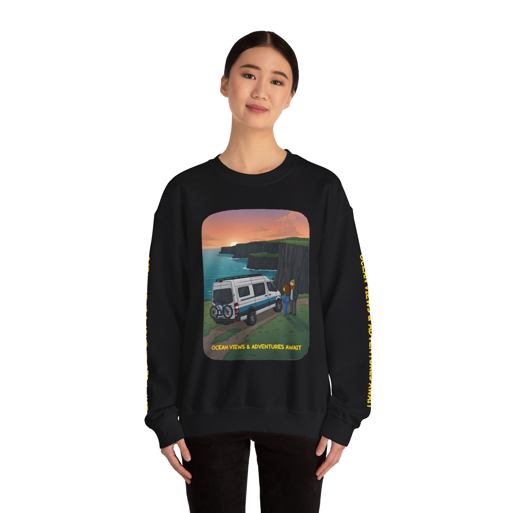 Unisex Heavy Blend™ Crewneck Sweatshirt — "Ocean Views-Adventures Awaits" Design Sitcom-Line