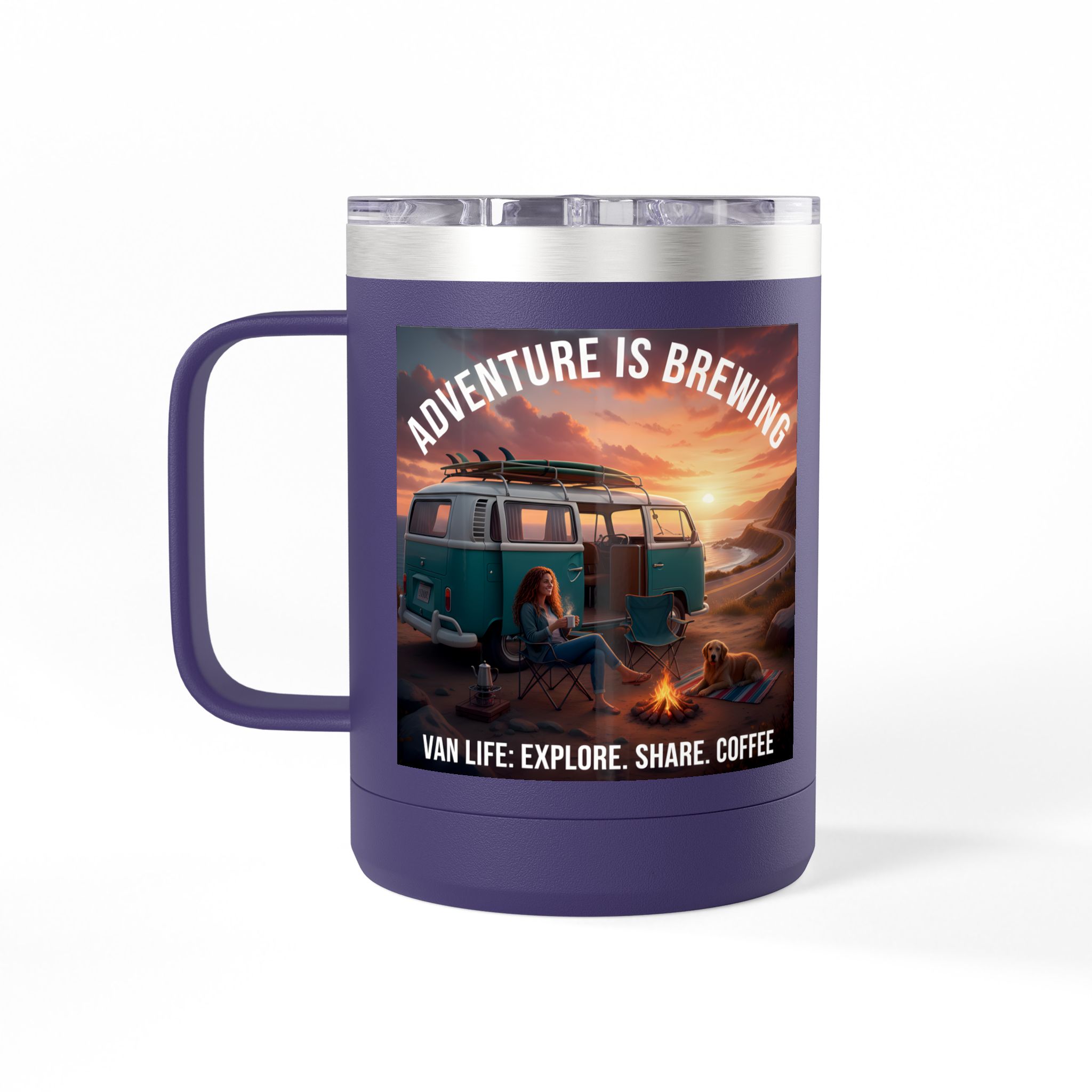 Coffee Mug Tumbler, 15oz-- "Adventure Is Brewing"