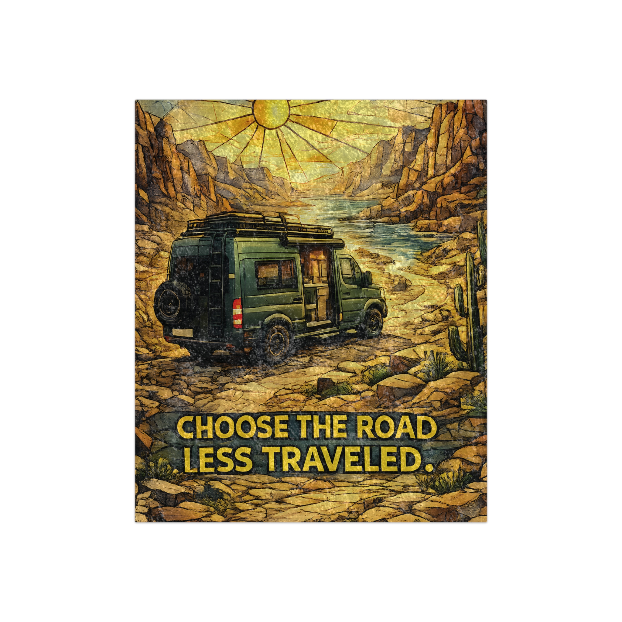 Crushed Velvet Blanket —"Choose The Road Less Traveled" Design Cubic-Line (Campervan)