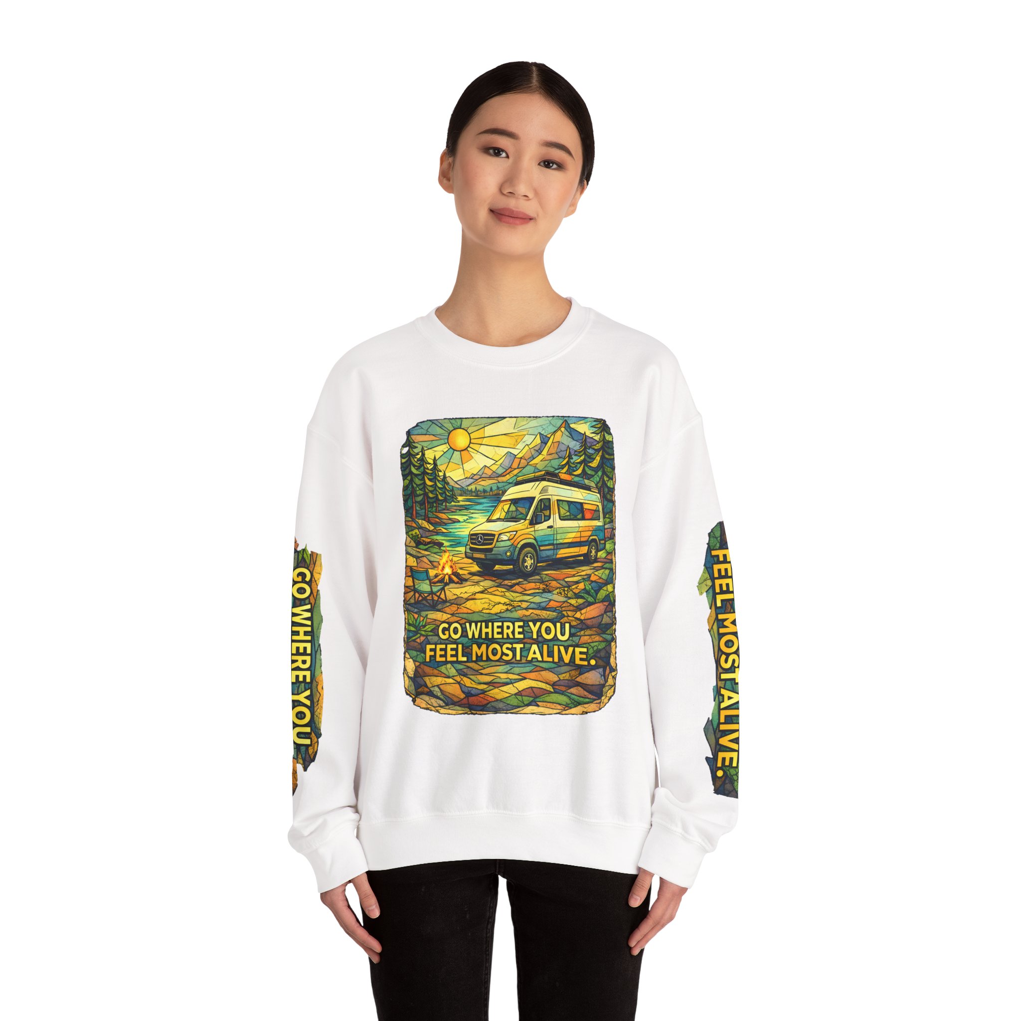 Unisex Heavy Blend™ Crewneck Sweatshirt — "Go Where You Feel Most Alive" Design Cubic-Line