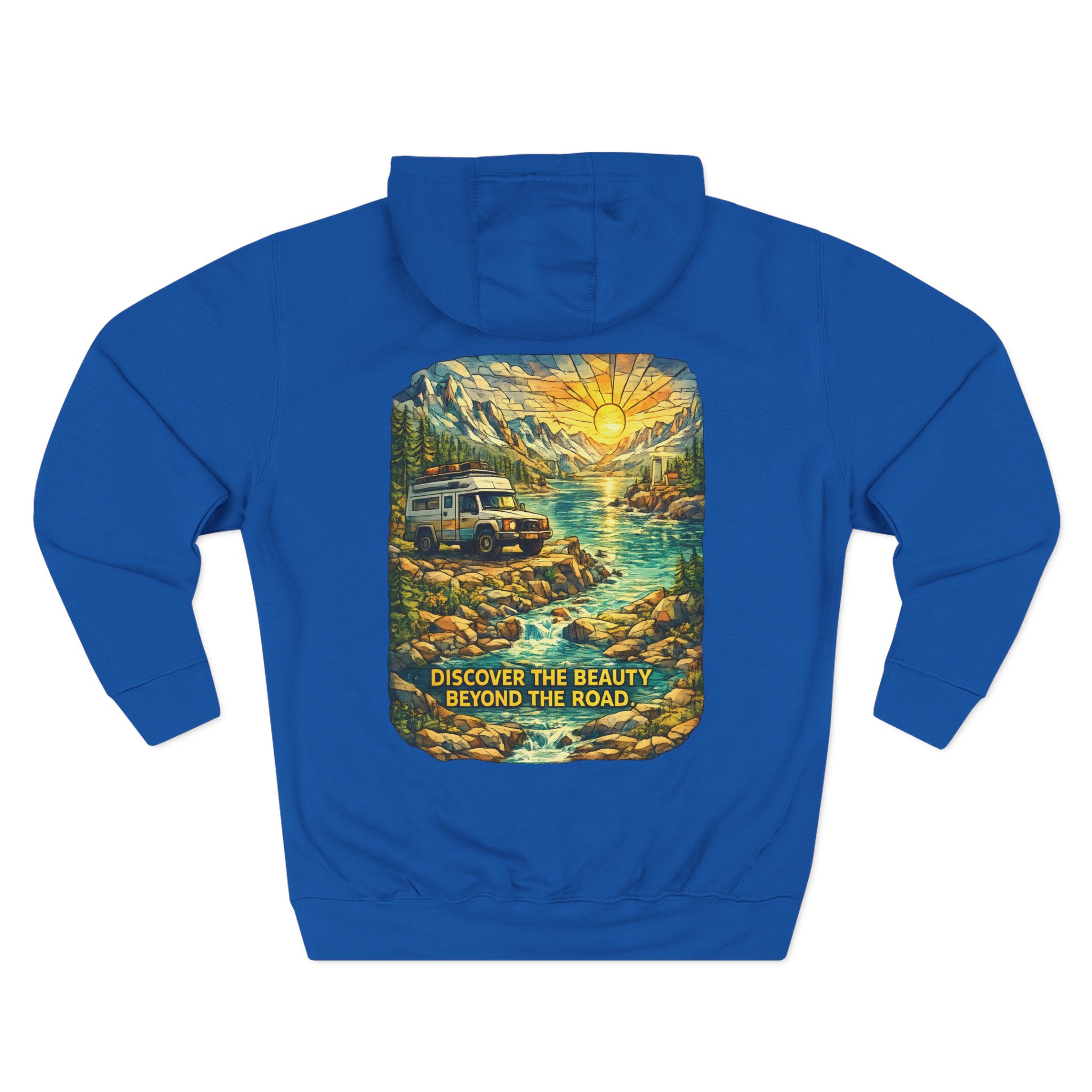 Three-Panel Fleece Hoodie - "Discover The Bieuty Beyond The Road" Design Cubic-Line