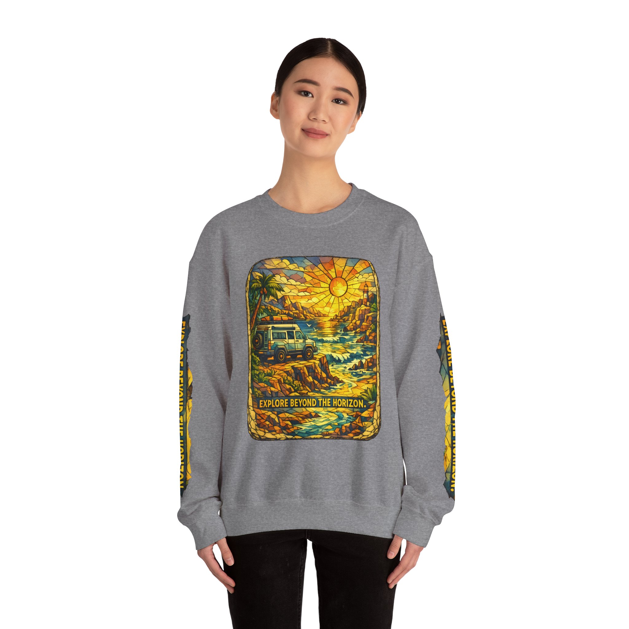 Unisex Heavy Blend™ Crewneck Sweatshirt — "Explore Beyond The Horizon" Design Cubic-Line