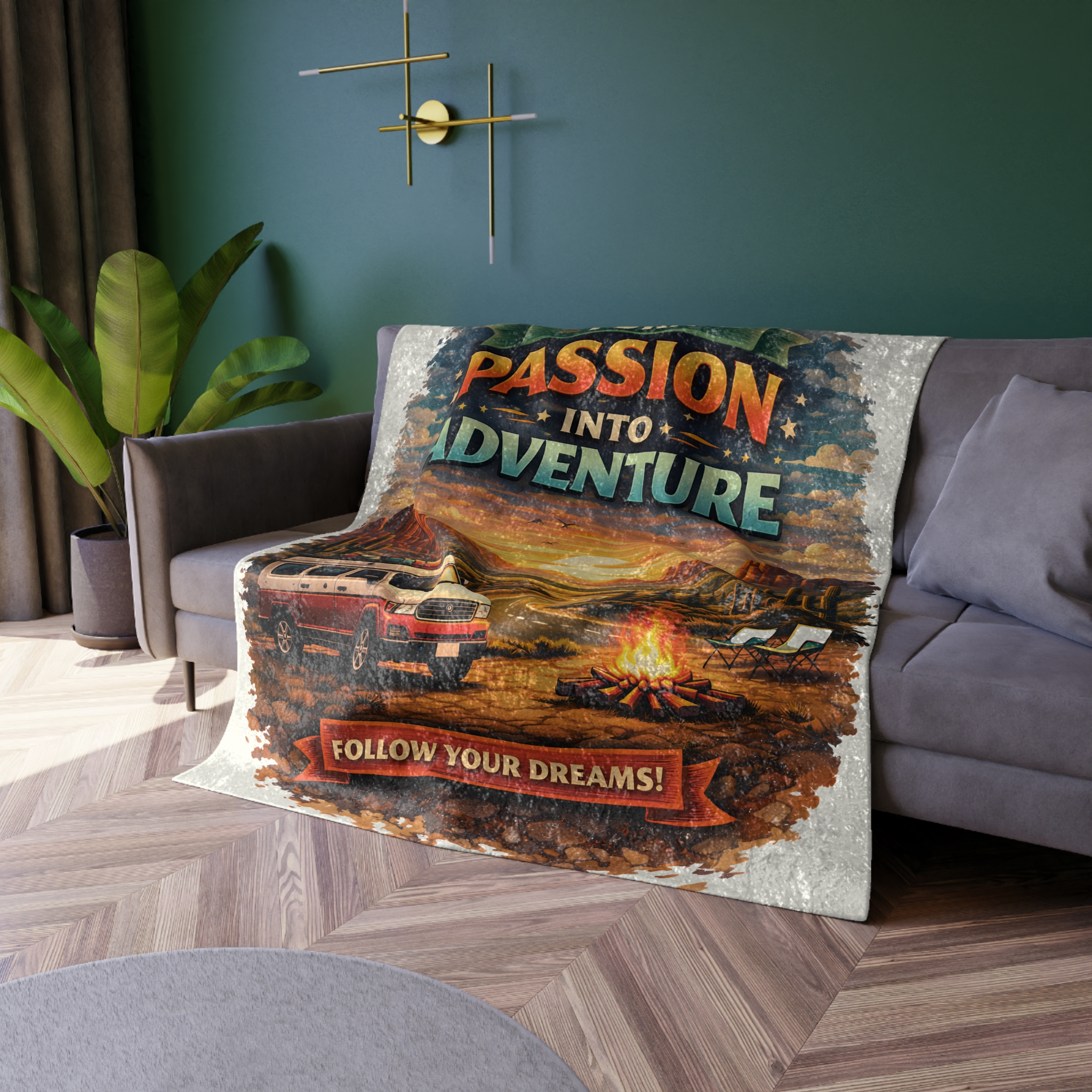 Crushed Velvet Blanket —"Turn Passion Into Adventure" Design Scenic-Line (Campervan)