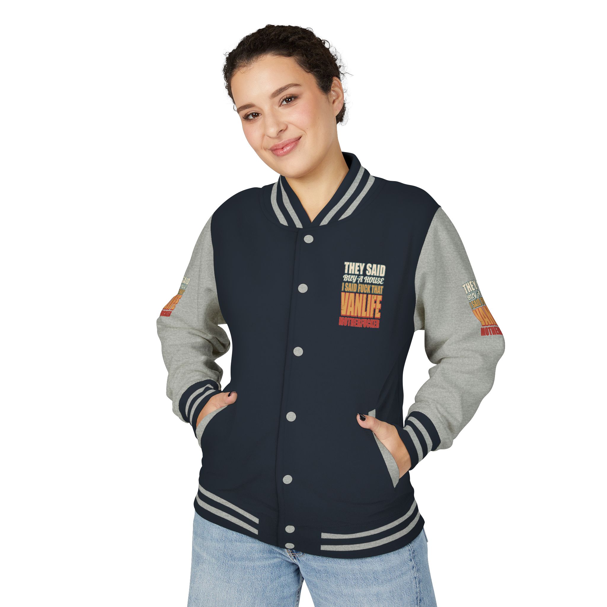 Unisex Heavyweight Letterman Jacket — "They Said Buy A House" Design F**K-Line
