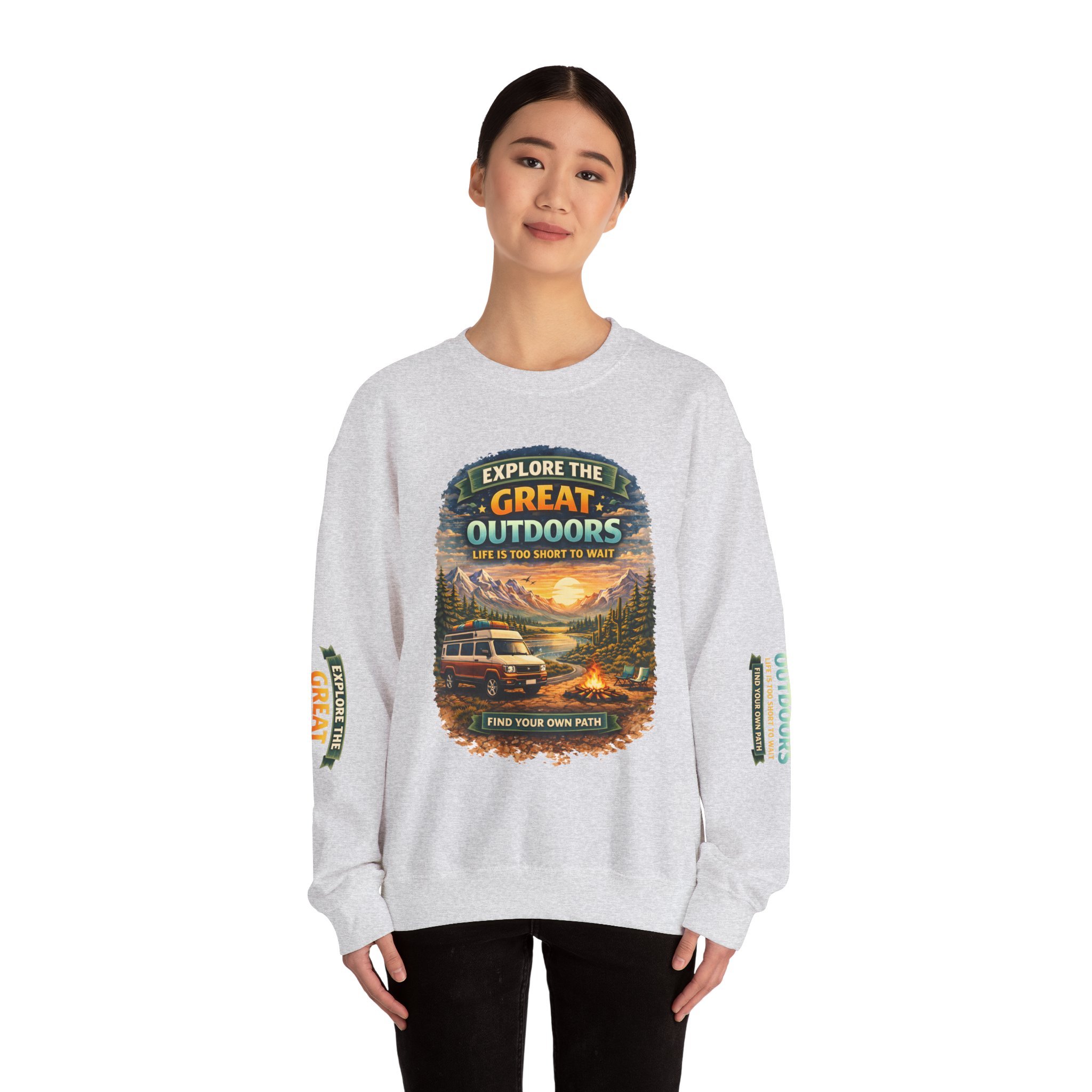 Unisex Heavy Blend™ Crewneck Sweatshirt — "Explore The Great Outdoors" Design Scenic-Line