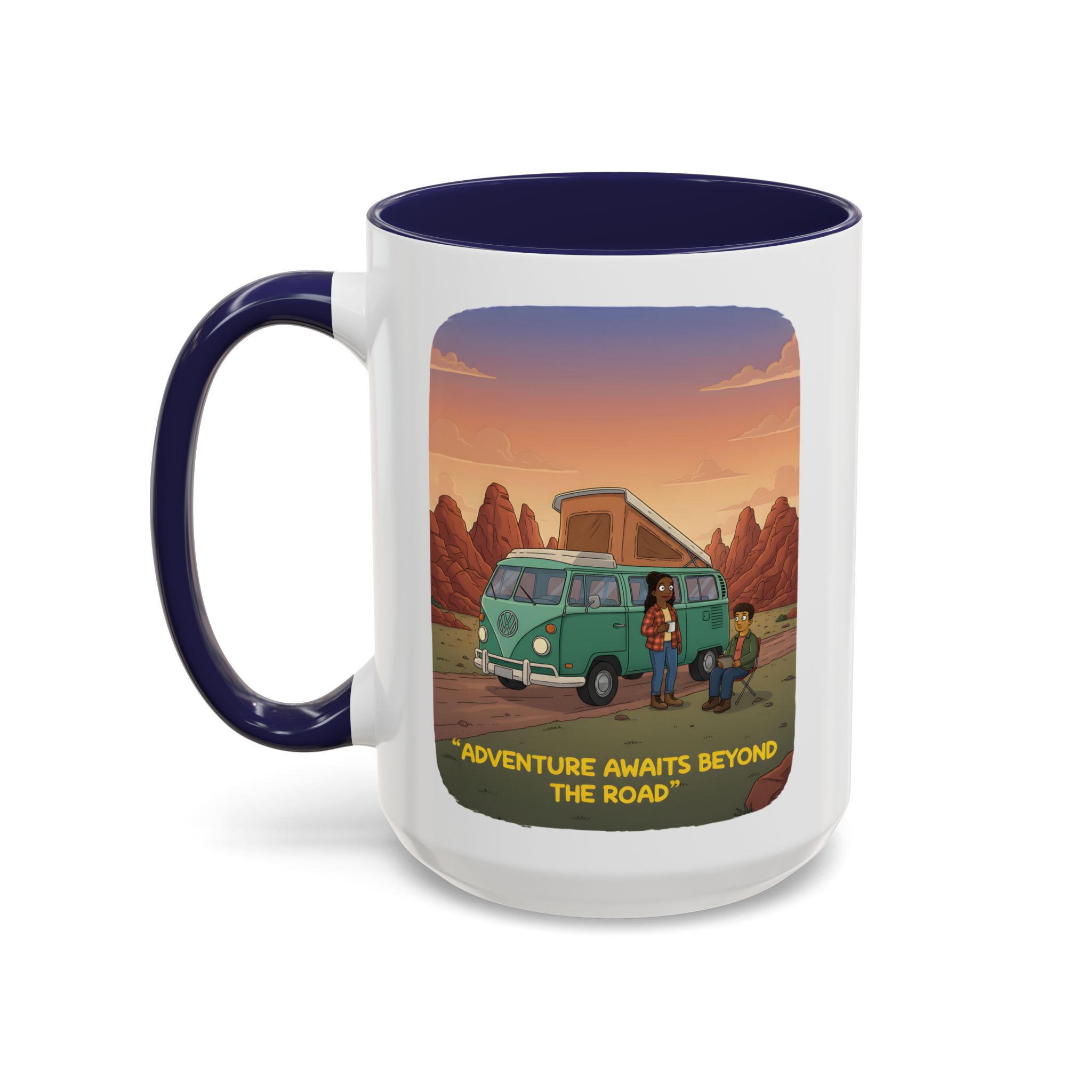 Accent Coffee Mug (11, 15oz) — "Adventure Awaits Beyond The Road" Design Sitcom-Line
