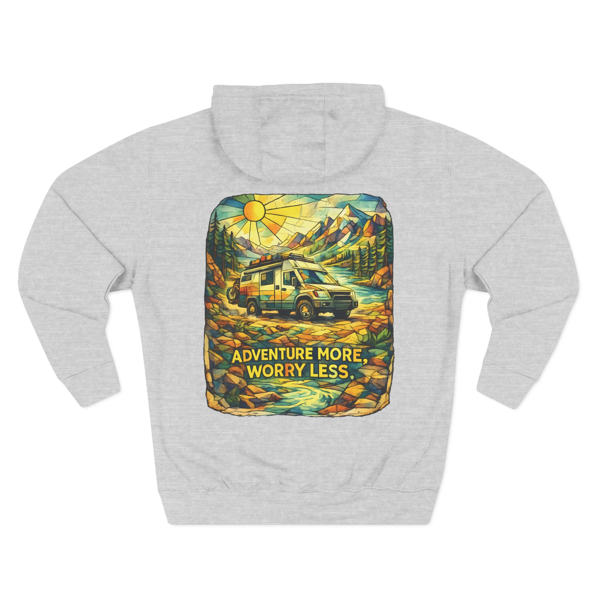 Three-Panel Fleece Hoodie - "Adventure More Worry Less" Design Cubic-Line