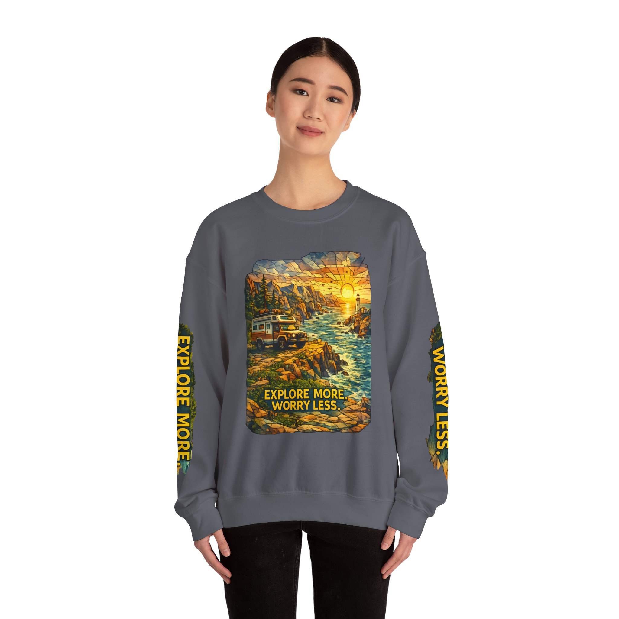 Unisex Heavy Blend™ Crewneck Sweatshirt — "Explore More Worry Less" Design Cubic-Line