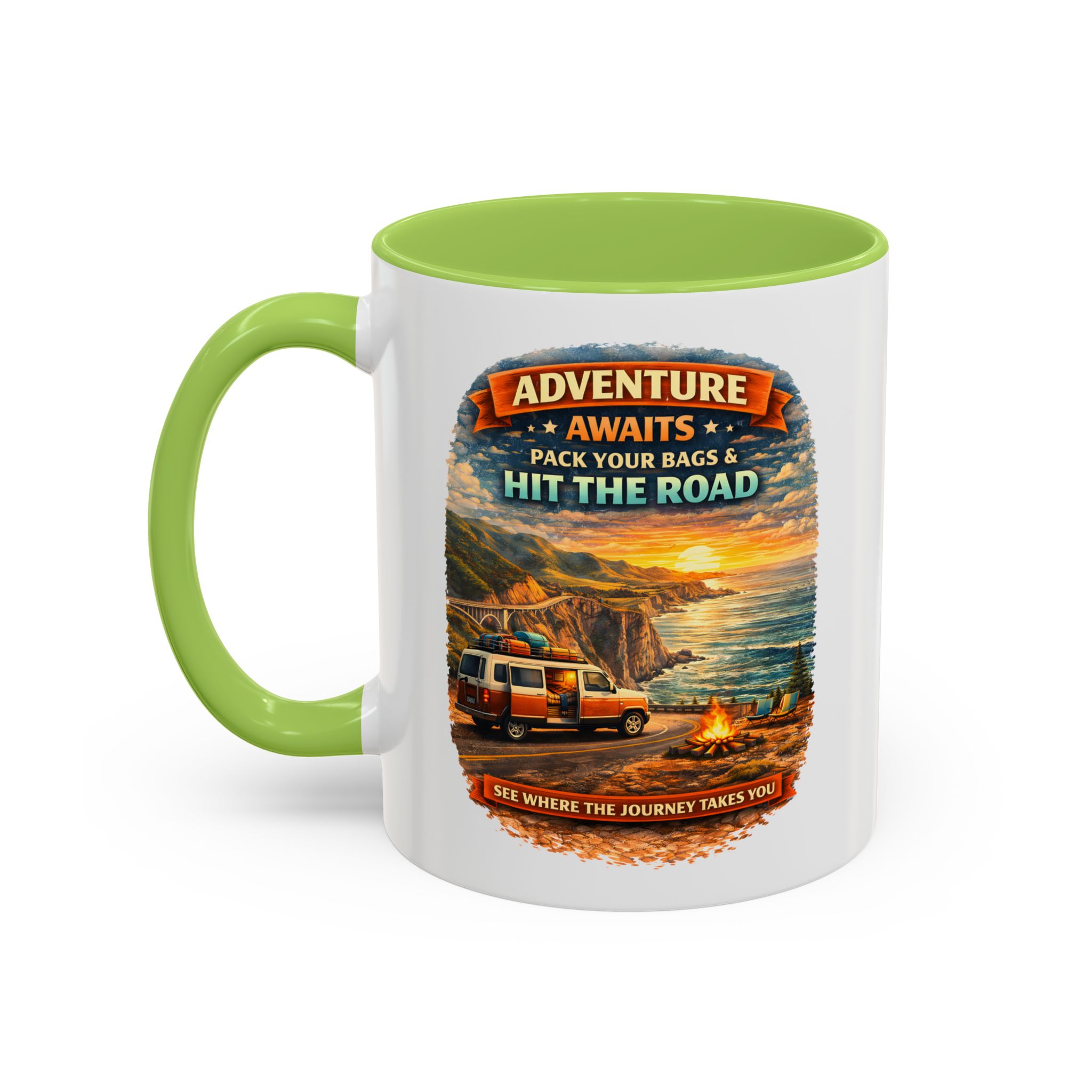 Accent Coffee Mug (11, 15oz) — "Adventure Awaits-Pack Your Bags" Design Scenic-Line