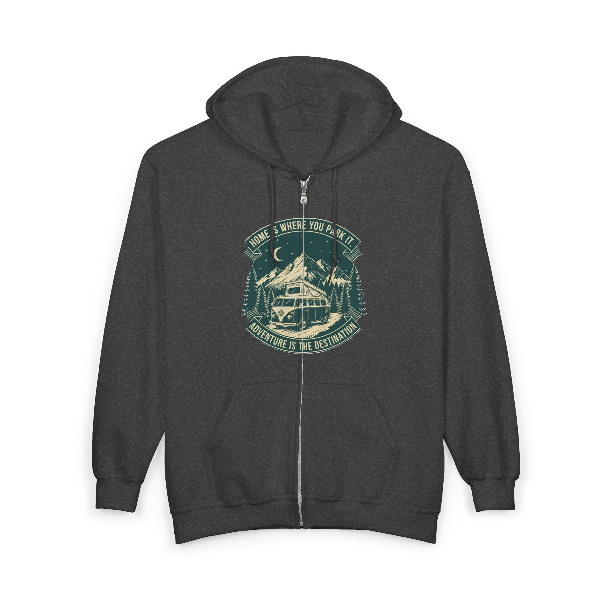 Zip Hoodie — "Home Is Where You Park It-Adventure is the destination"(Only Front Printed) Camper Van Adventure Zip-Up
