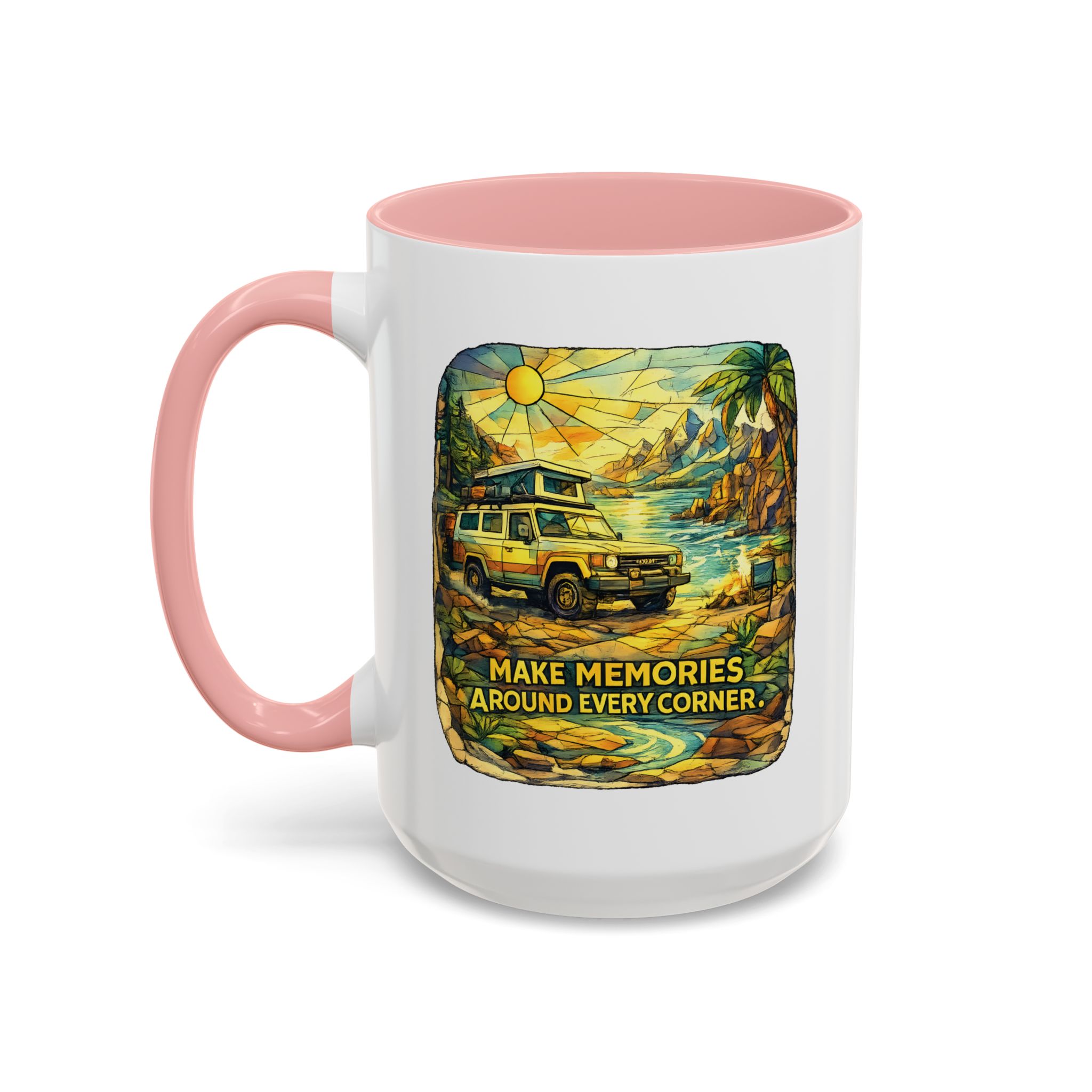 Accent Coffee Mug (11, 15oz) — "Make Memories Around Every Corner" Design Cubic-Line