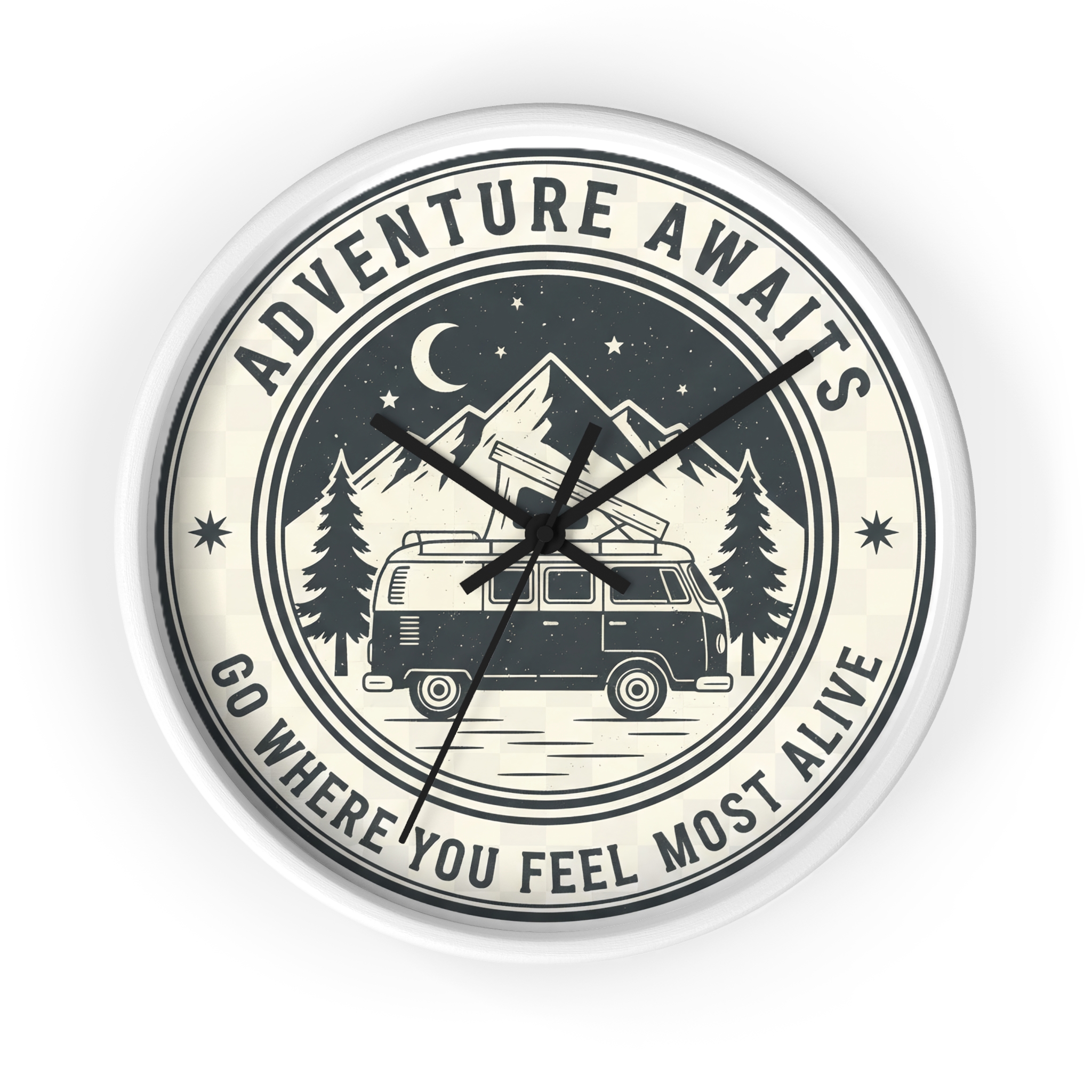 Wall Clock — "Adventure Awaits-Go Where You Feel Most Alive" Camper Van Mountain Travel Timepiece