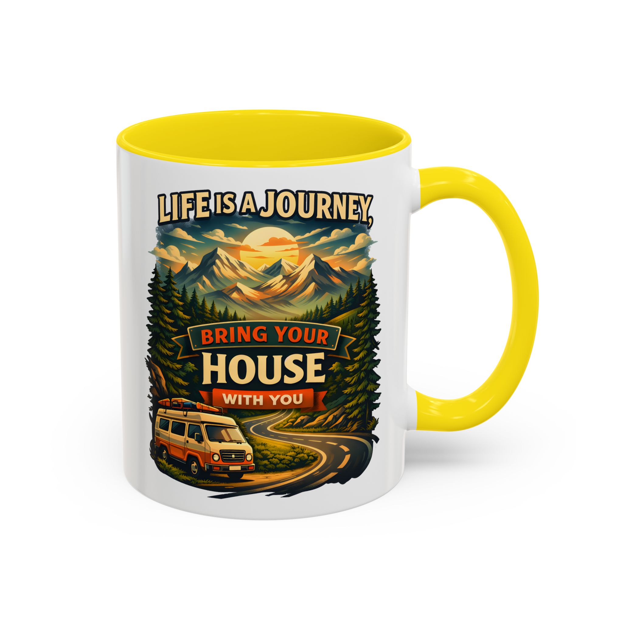 Accent Coffee Mug (11, 15oz) — "Live Is A Journey-Bring Your House With You" Design Scenic-Line