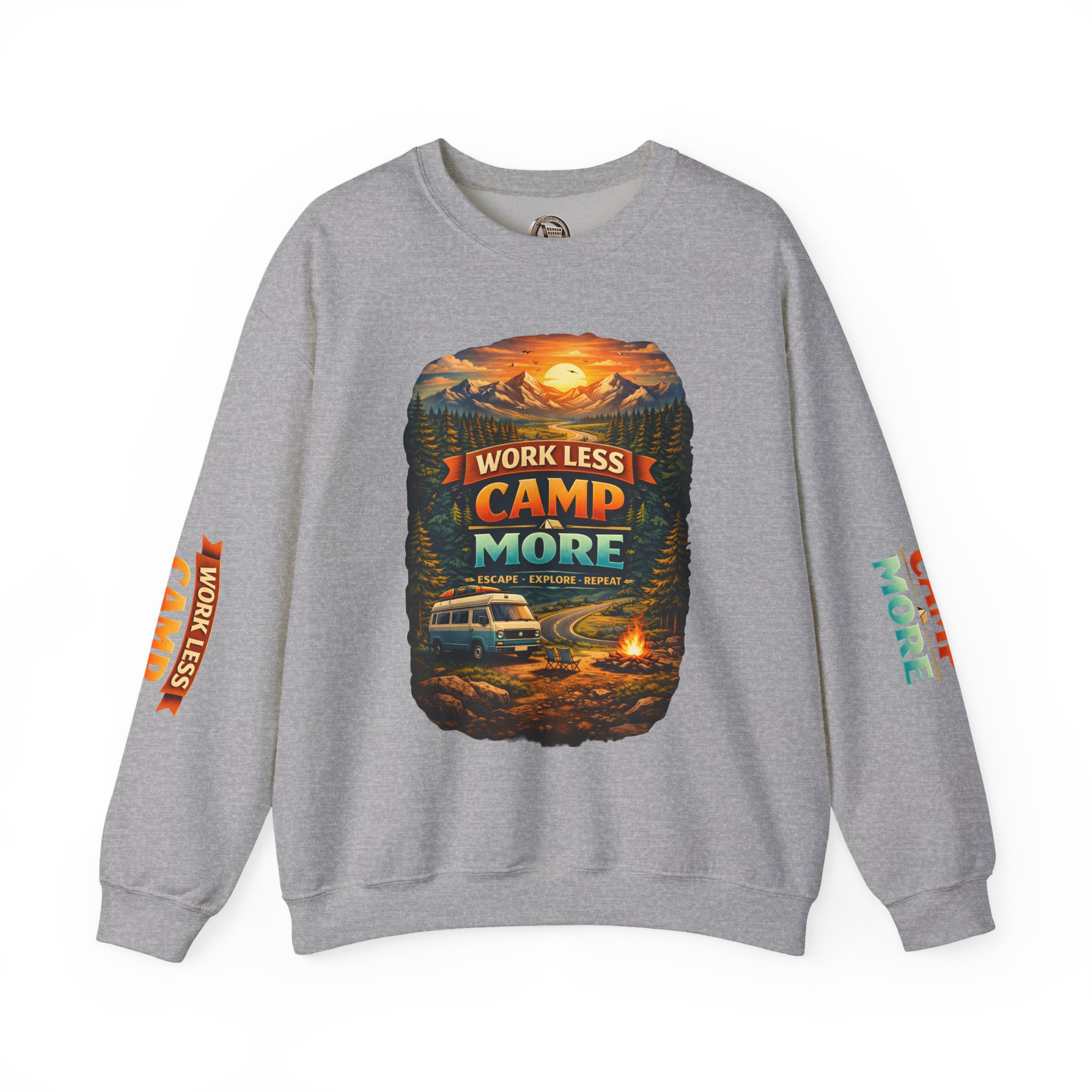 Unisex Heavy Blend™ Crewneck Sweatshirt — "Work Less-Camp More" Design Scenic-Line
