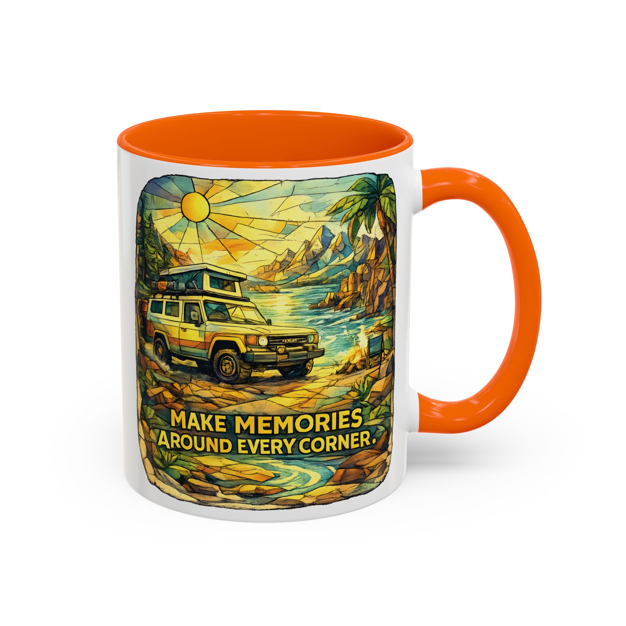 Accent Coffee Mug (11, 15oz) — "Make Memories Around Every Corner" Design Cubic-Line