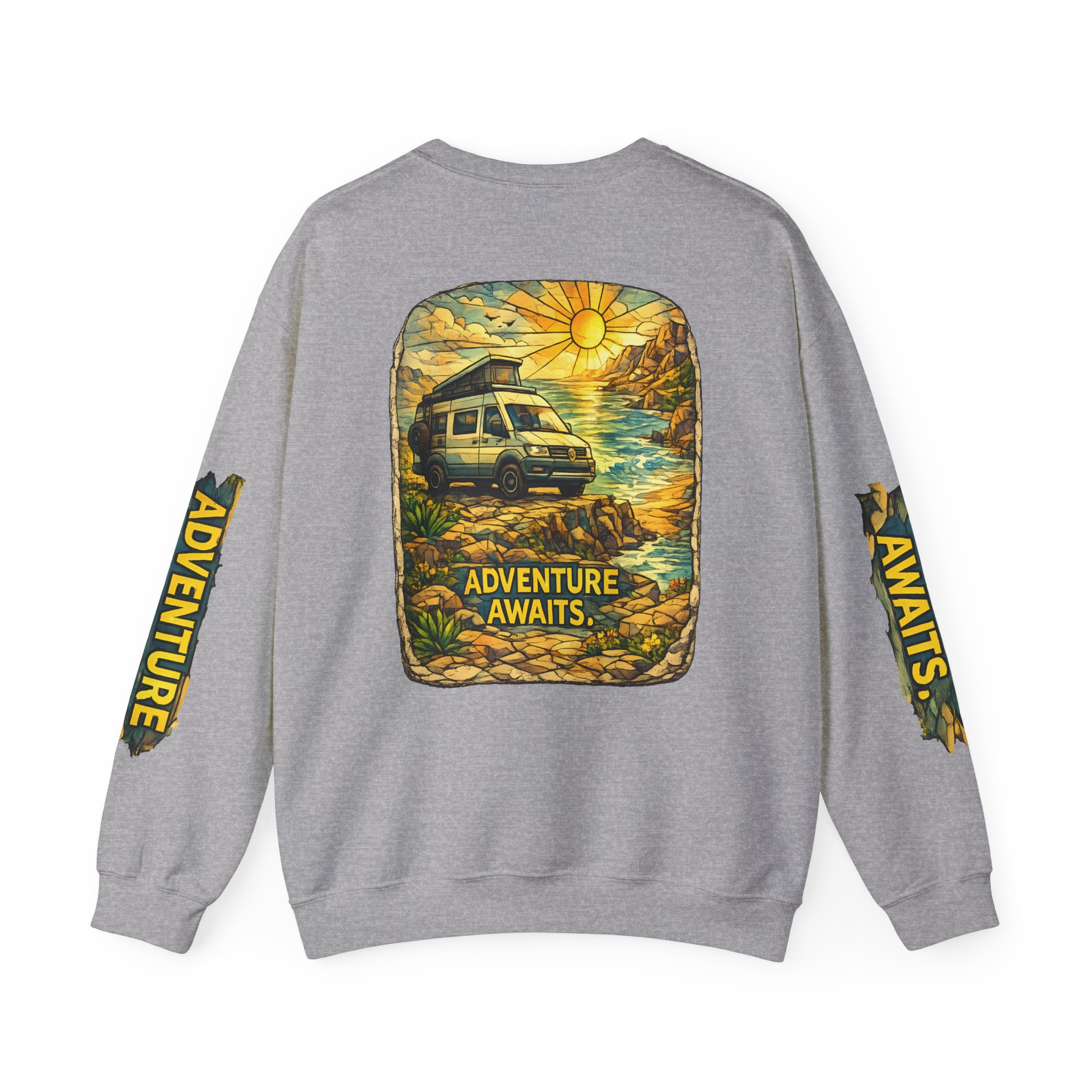 Unisex Heavy Blend™ Crewneck Sweatshirt — "Adventure Awaits" Design Cubic-Line