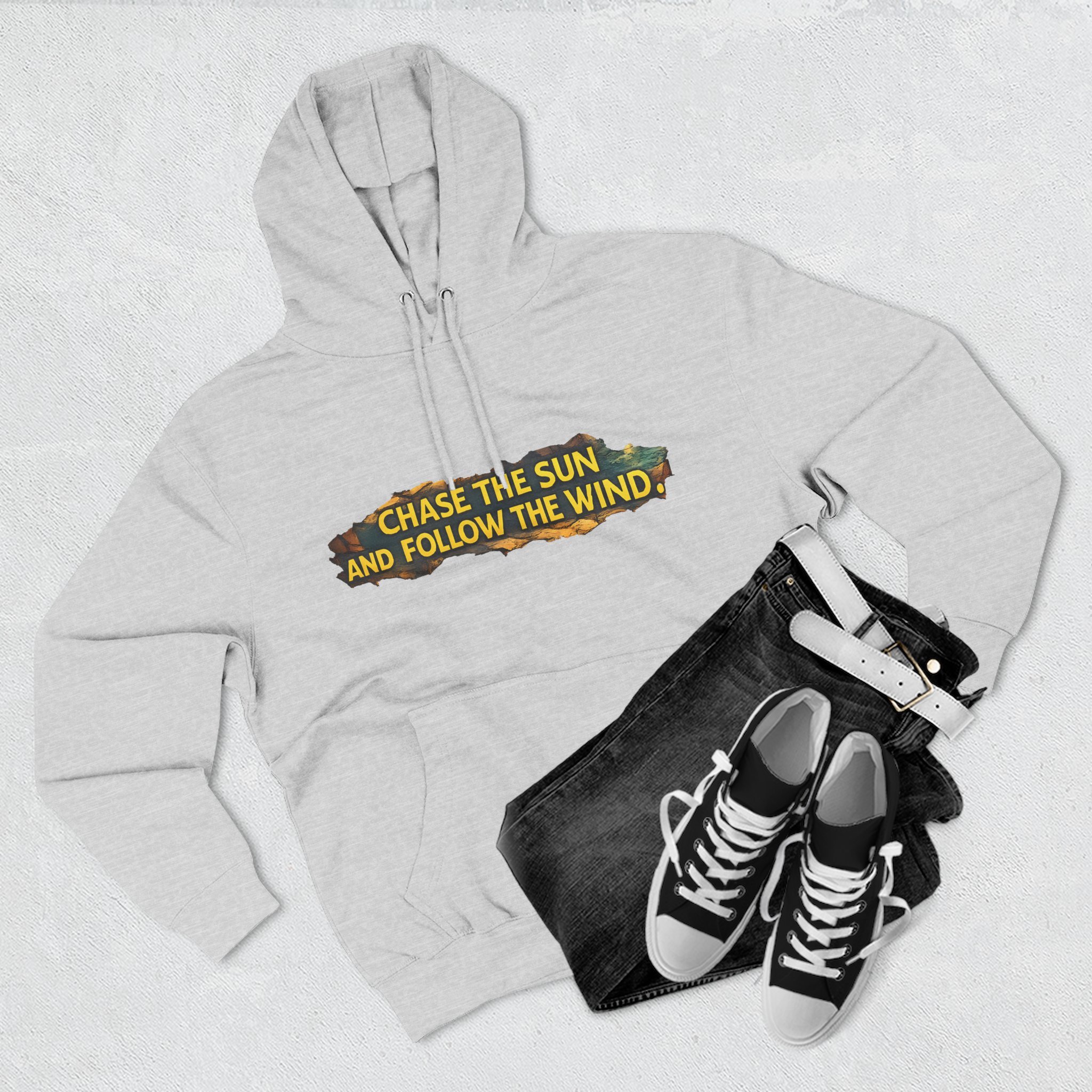 Three-Panel Fleece Hoodie - "Chase The Sun And Follow The Wind" Design Cubic-Line