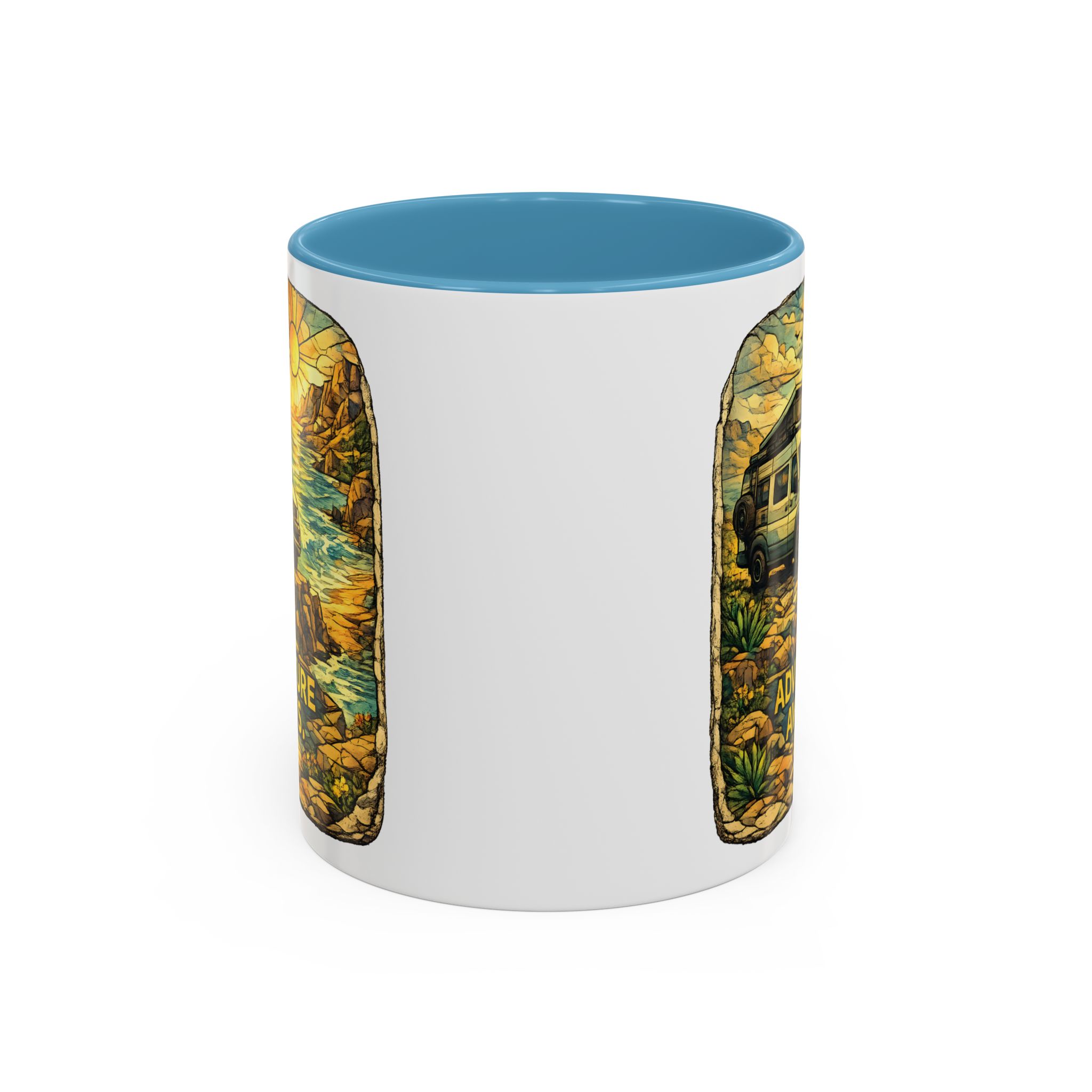 Accent Coffee Mug (11, 15oz) — "Adventure Awaits" Design Cubic-Line