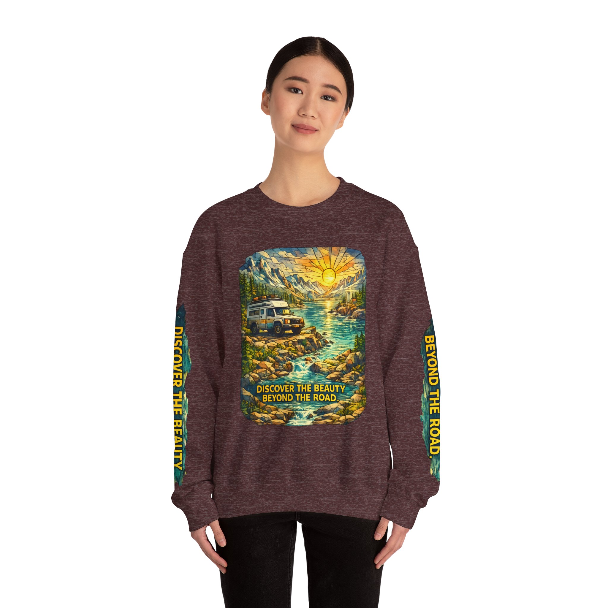 Unisex Heavy Blend™ Crewneck Sweatshirt — "Discover The Bieuty Beyond The Road" Design Cubic-Line
