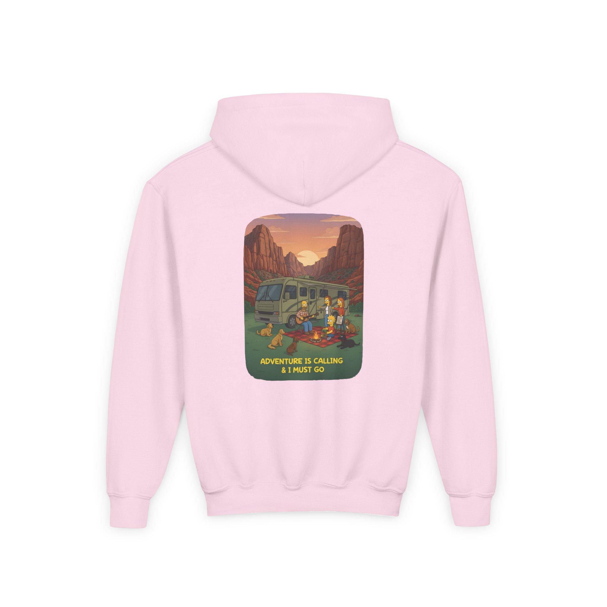 Youth Hoodie(Gildan) – "Adventure Is Calling-I Must Go" (Design Sitcom-Line)