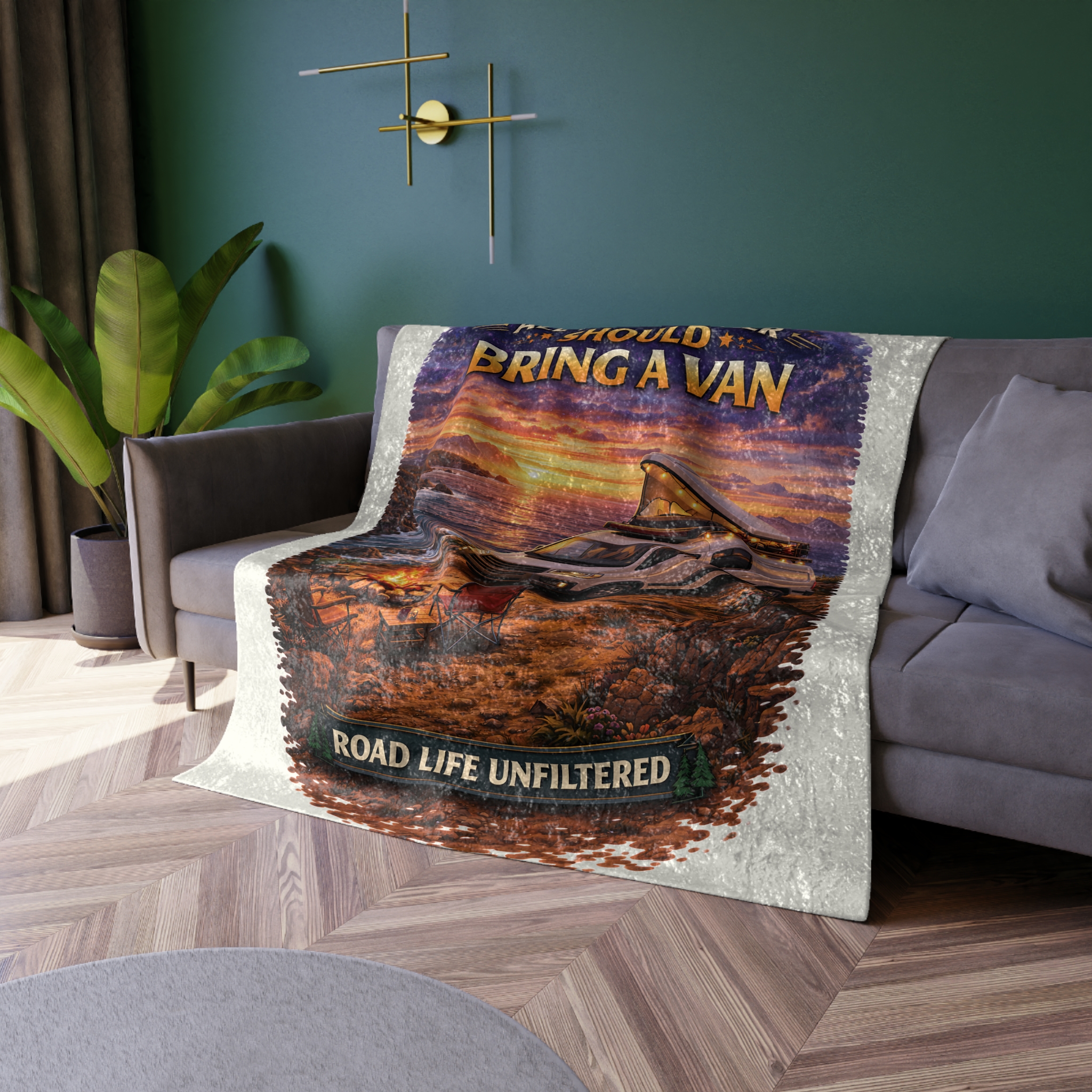 Crushed Velvet Blanket —"All Who wander Should Bring A Van" Design Scenic-Line (Campervan)
