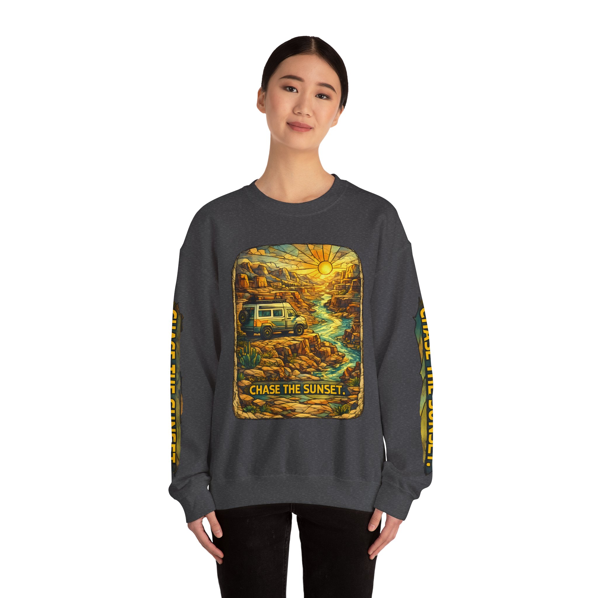 Unisex Heavy Blend™ Crewneck Sweatshirt — "Chase The Sunset" Design Cubic-Line