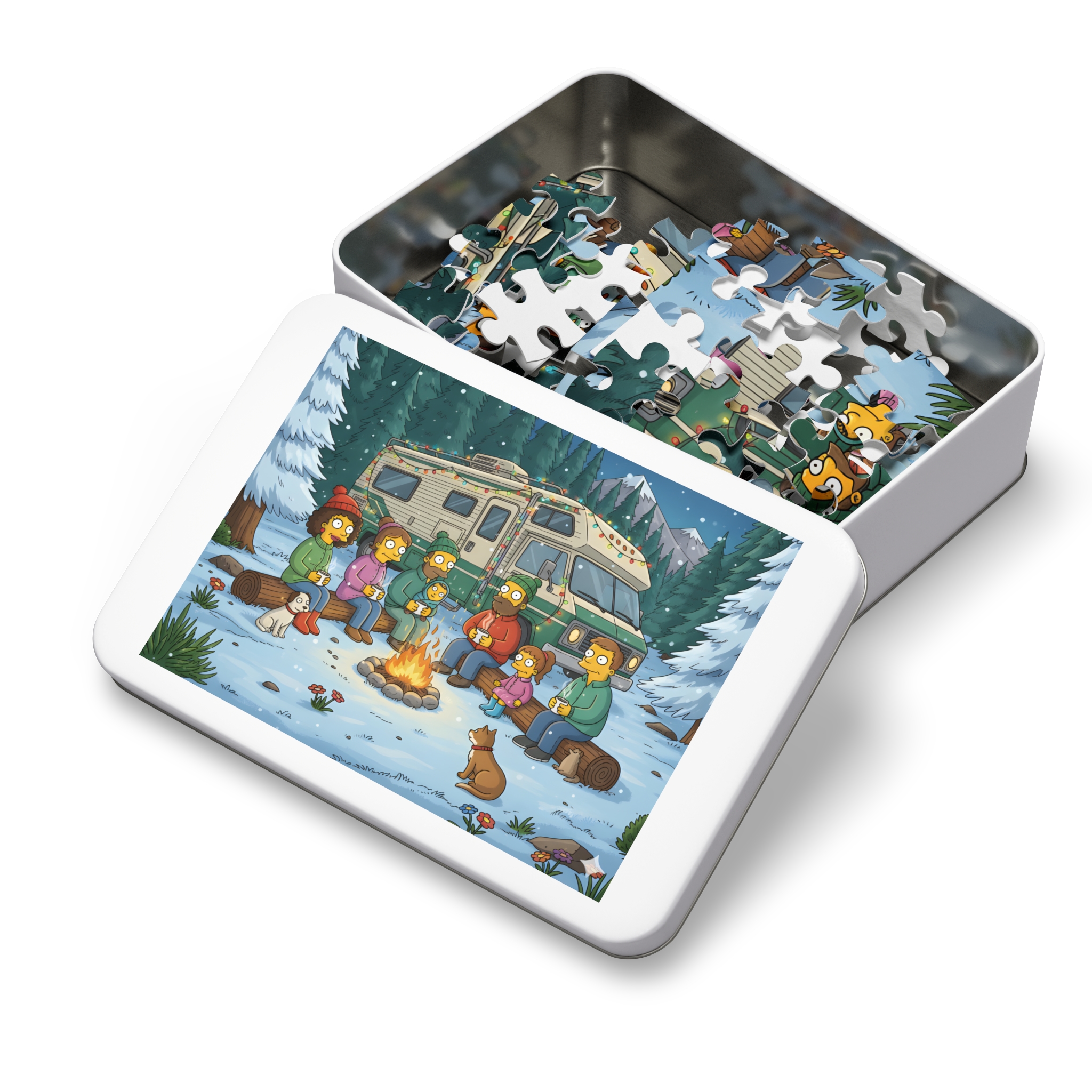 Jigsaw Puzzle with Tin — Cozy RV Winter Scene with Campfire