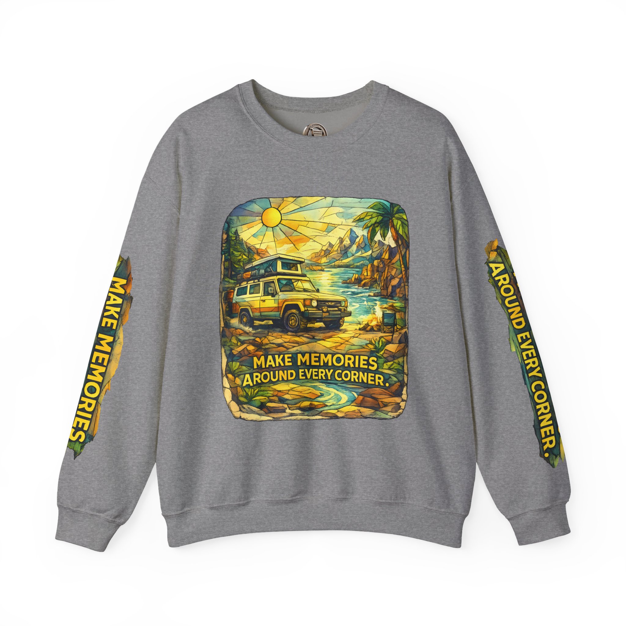 Unisex Heavy Blend™ Crewneck Sweatshirt — "Make Memories Around Every Corner" Design Cubic-Line