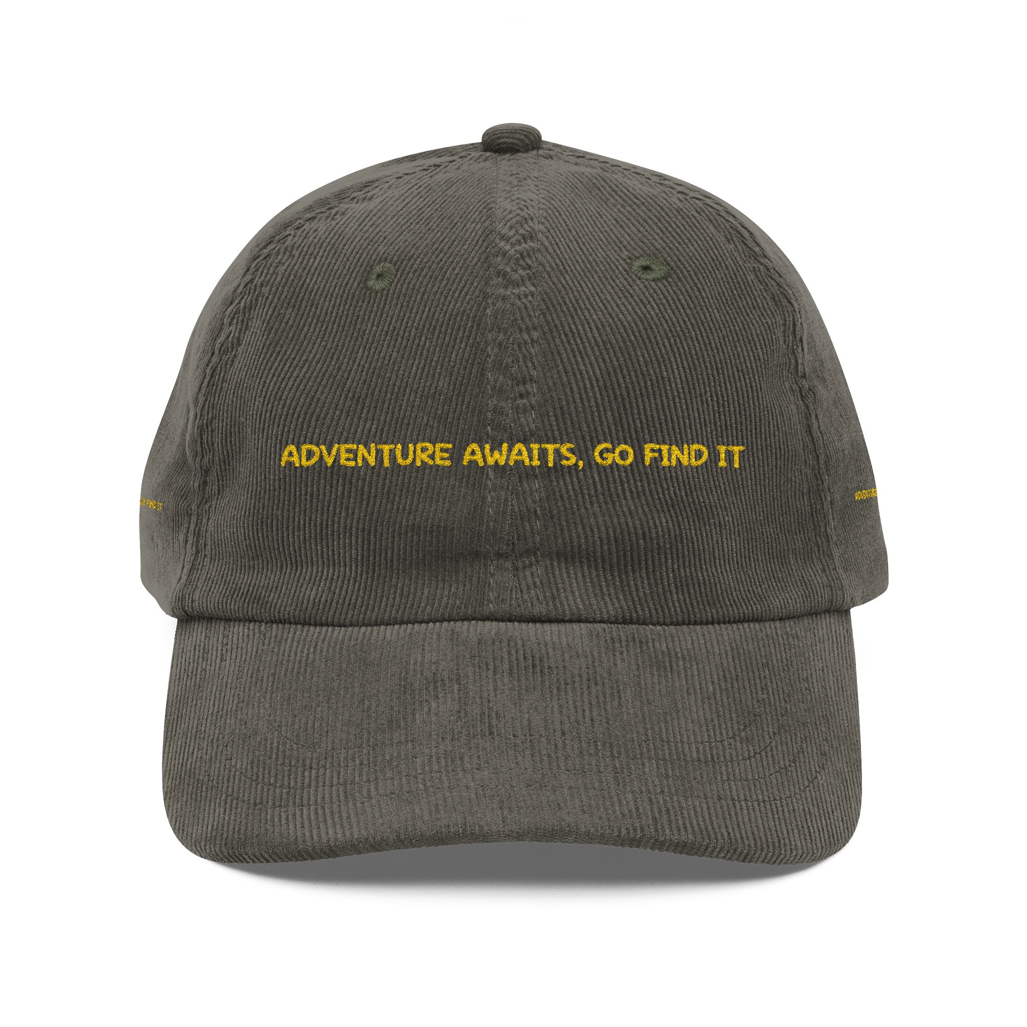 Vintage Corduroy Cap (Embroidery) — "Adventure Awaits,Go Find It" Embroidered Hat