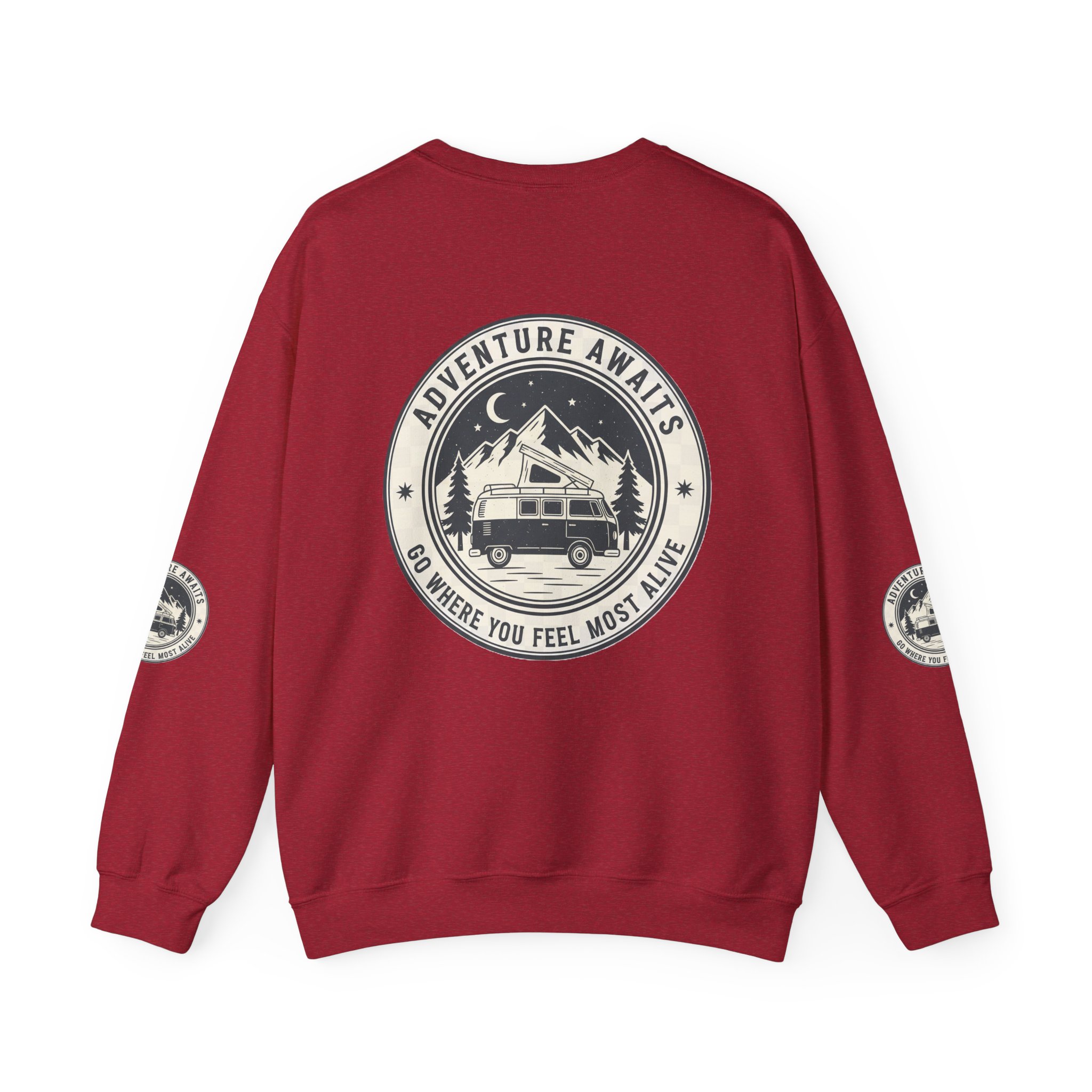 16305816225604710610_2048.jpeg Crewneck Sweatshirt — "Adventure Awaits-Go Where You Feel Most Alive" (Font + Back + Sleaves printed) Vintage Camper Van Outdoor Graphic