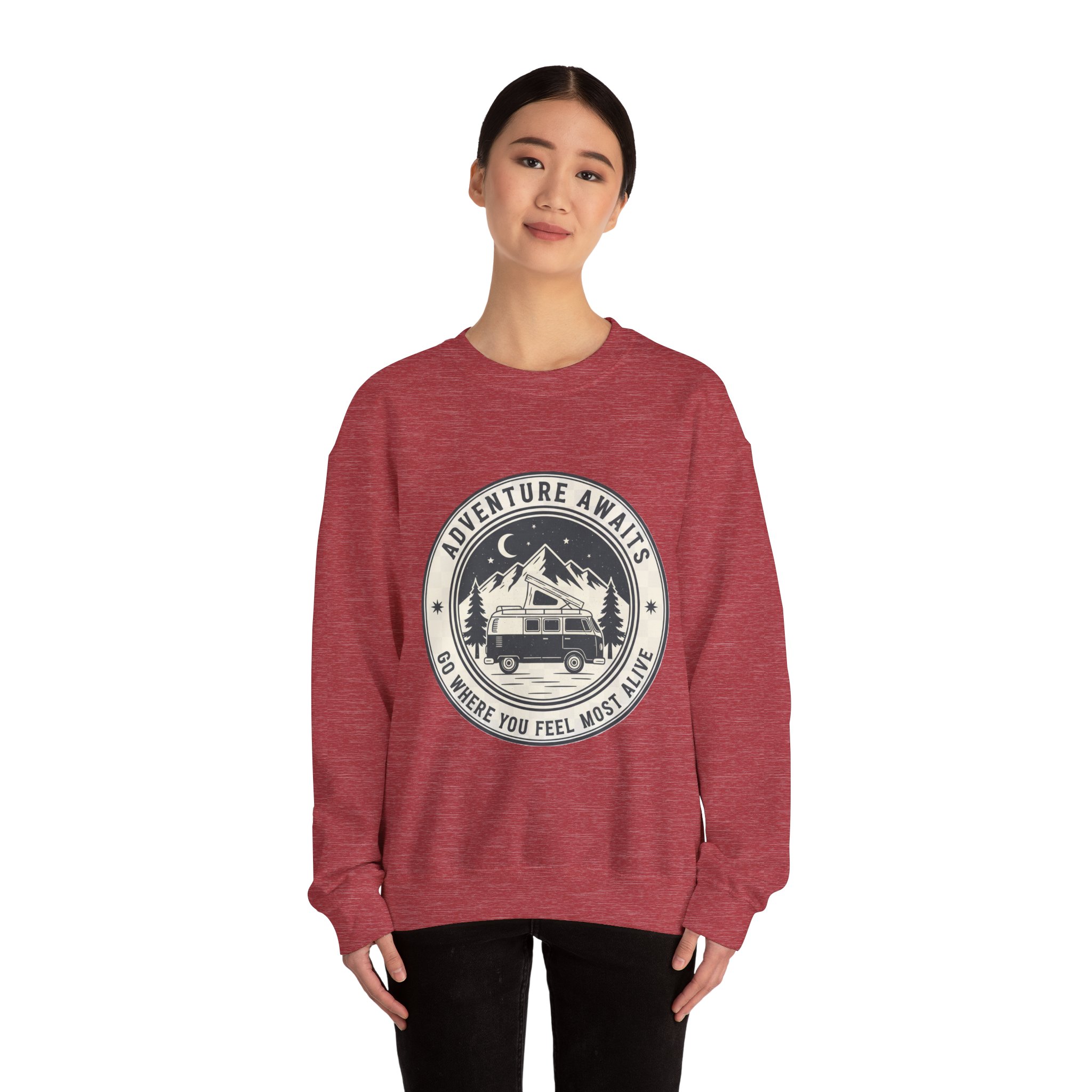16309887708006615003_2048.jpeg Crewneck Sweatshirt — "Adventure Awaits-Go Where You Feel Most Alive" (Only Font printed) Vintage Camper Van Outdoor Graphic