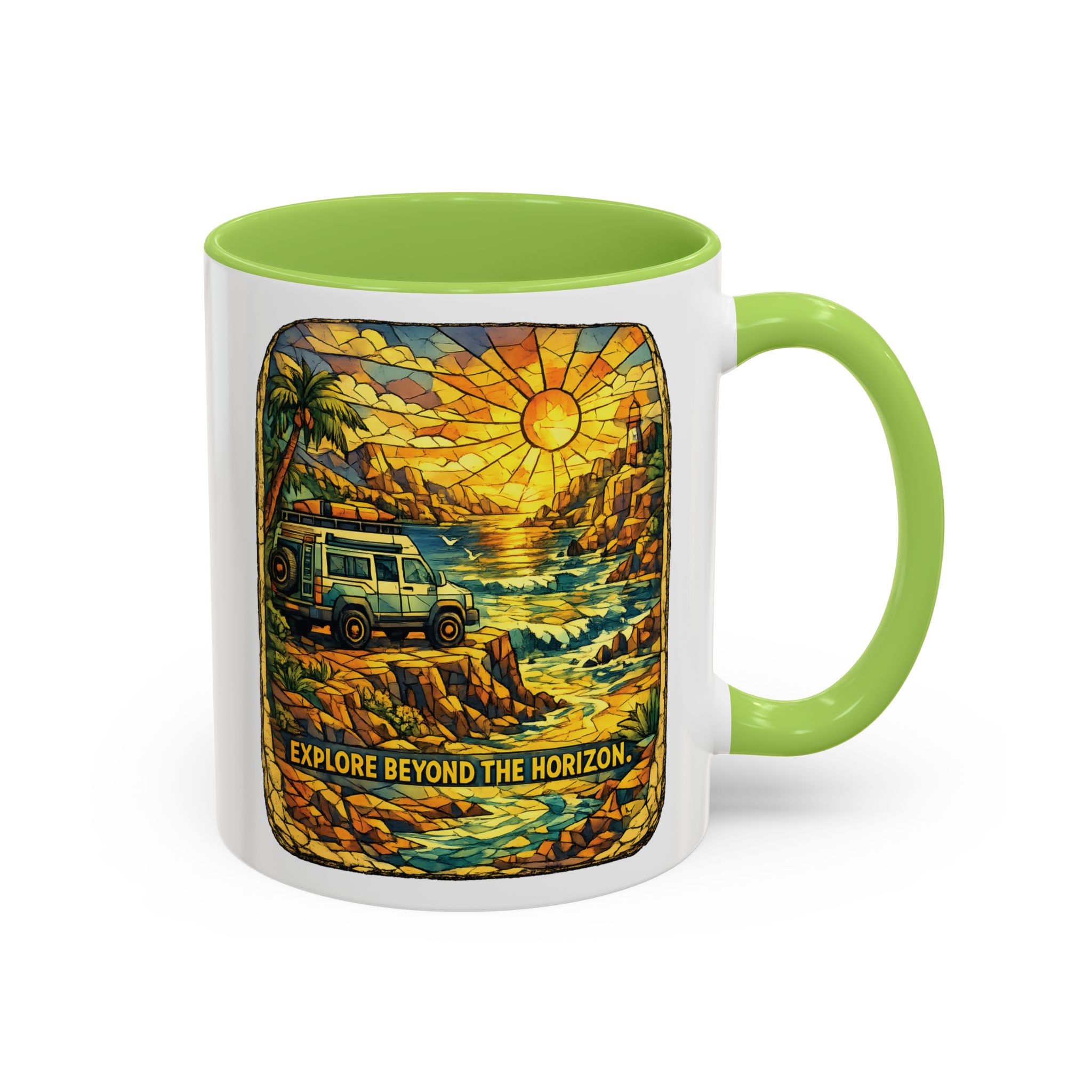 Accent Coffee Mug (11, 15oz) — "Explore Beyond The Horizon" Design Cubic-Line
