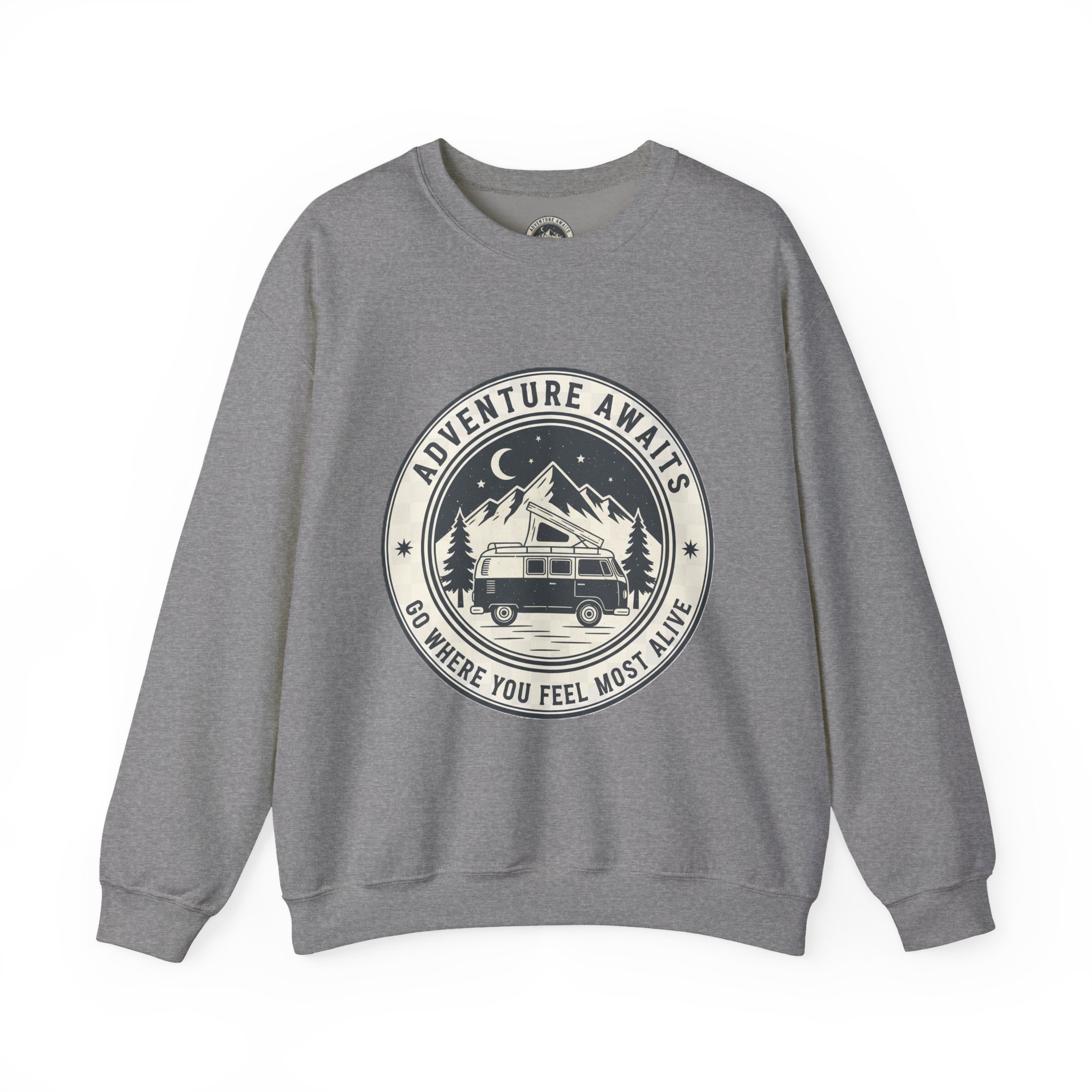 16311460495871169969_2048.jpeg Crewneck Sweatshirt — "Adventure Awaits-Go Where You Feel Most Alive" (Only Font + Back printed) Vintage Camper Van Outdoor Graphic