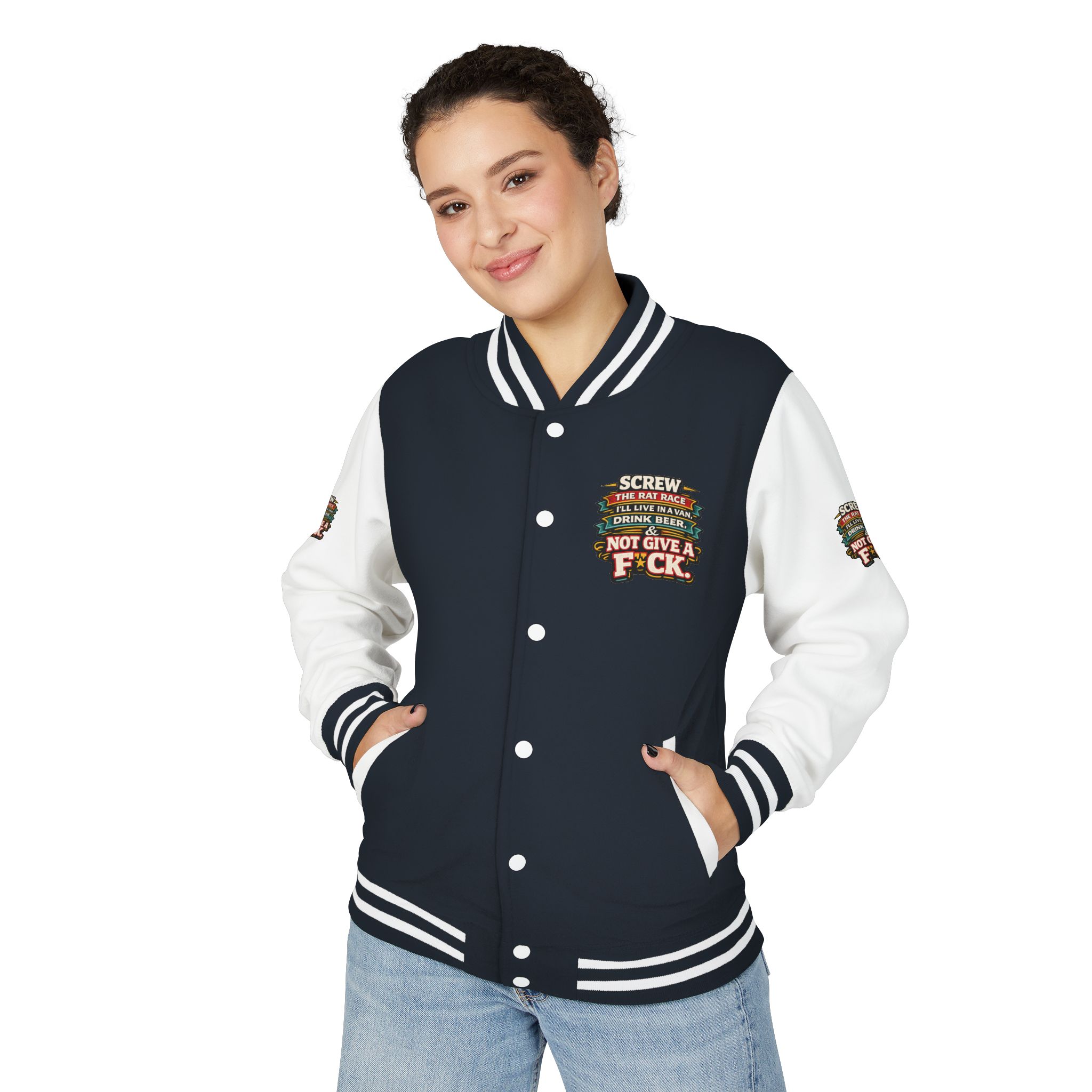 Unisex Heavyweight Letterman Jacket — "Screw The Rat Race" Design F**K-Line