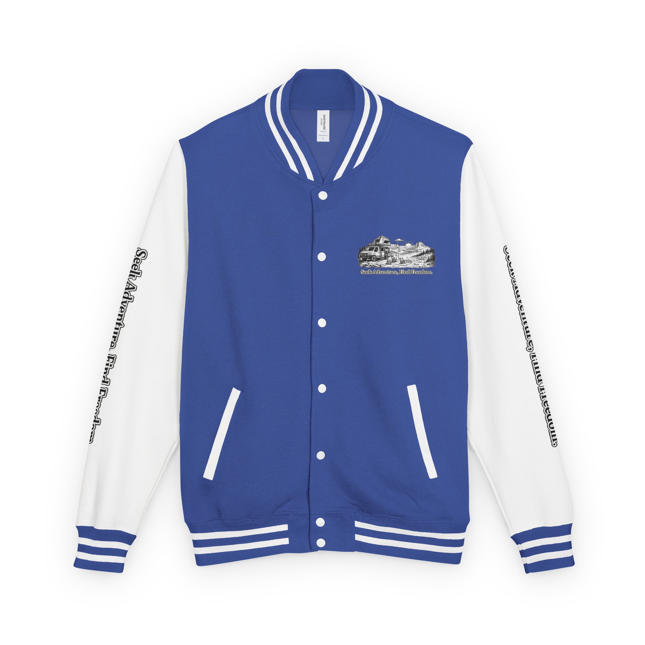 Unisex Heavyweight Letterman Jacket — "Seek Adventure, Find Freedom" Travel Varsity Coat