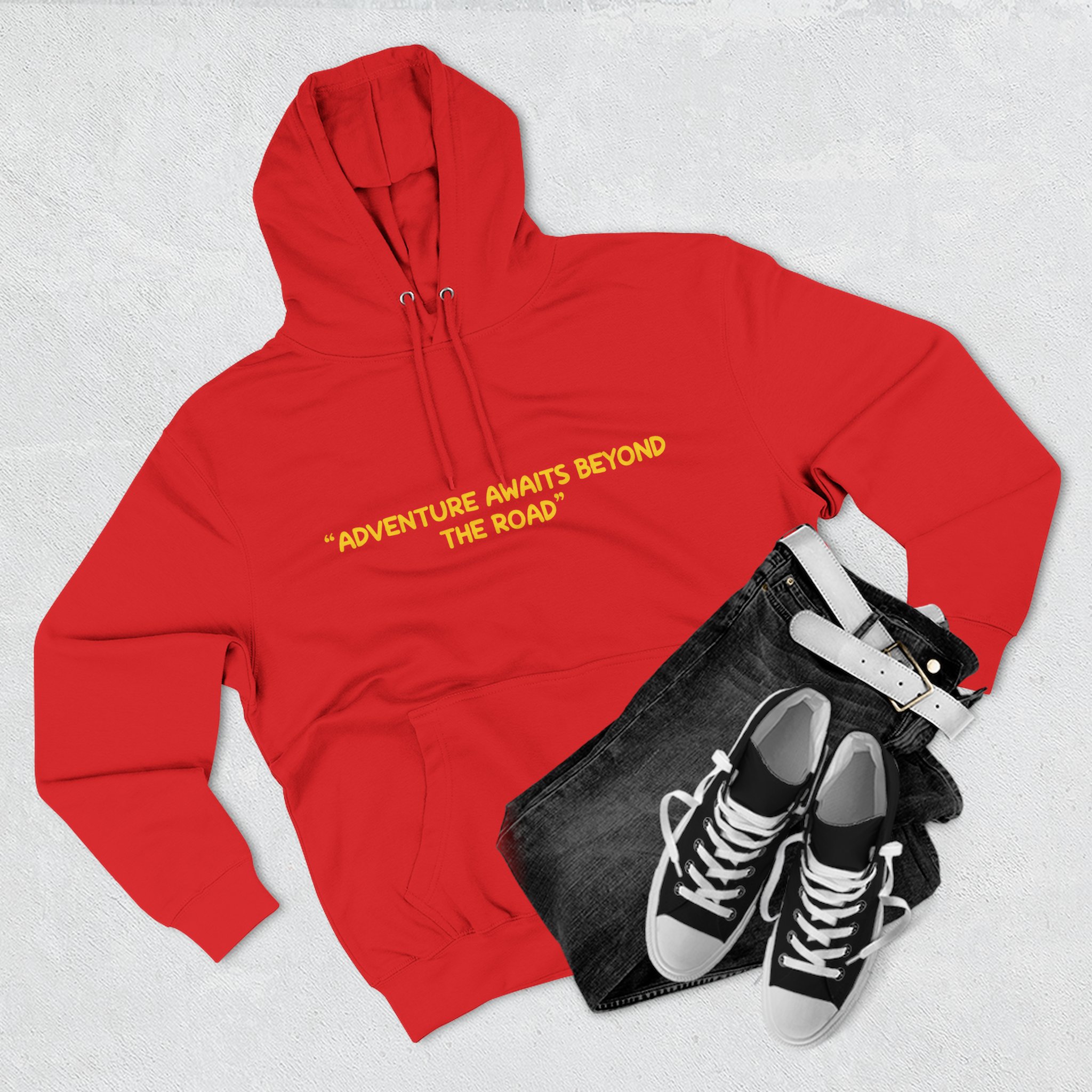 Three-Panel Fleece Hoodie - "Adventure Awaits Beyond The Road" Design Sitcom-Line