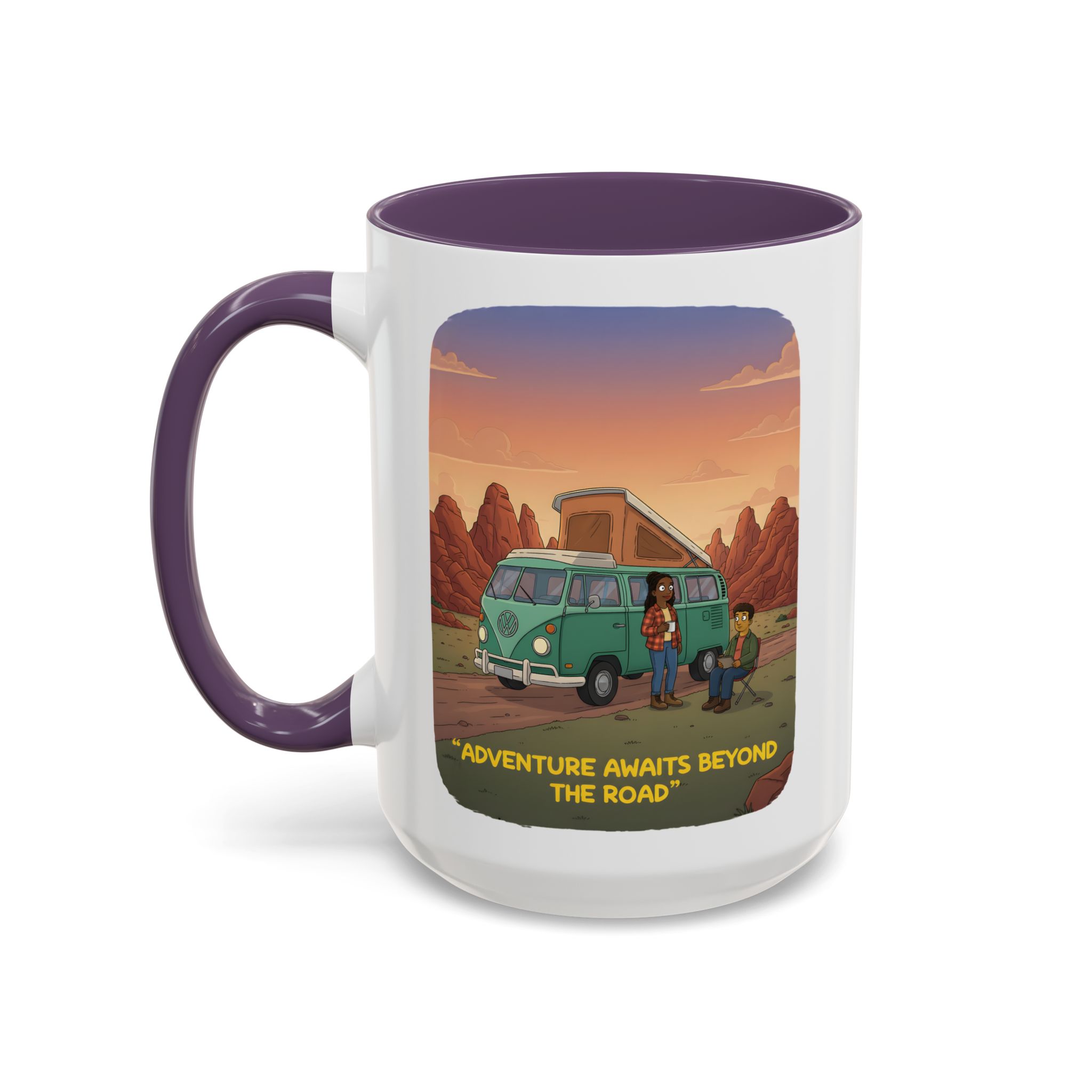 Accent Coffee Mug (11, 15oz) — "Adventure Awaits Beyond The Road" Design Sitcom-Line