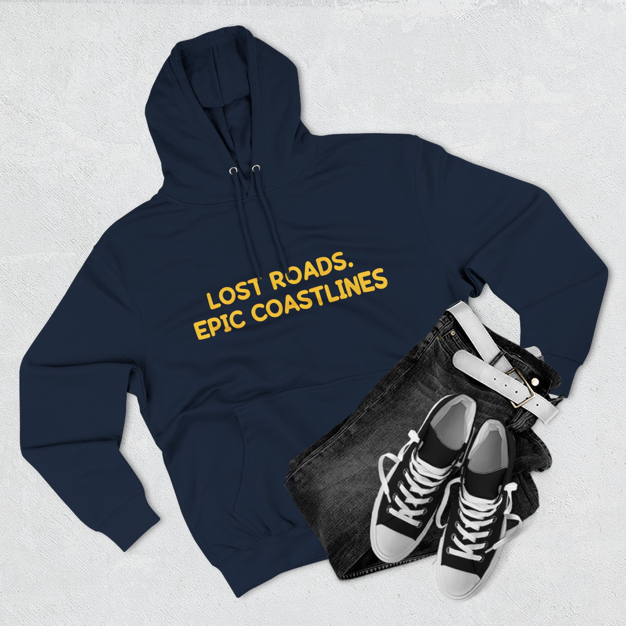 Three-Panel Fleece Hoodie - "Lost Roads Epic Coastlines" Design Sitcom-Line