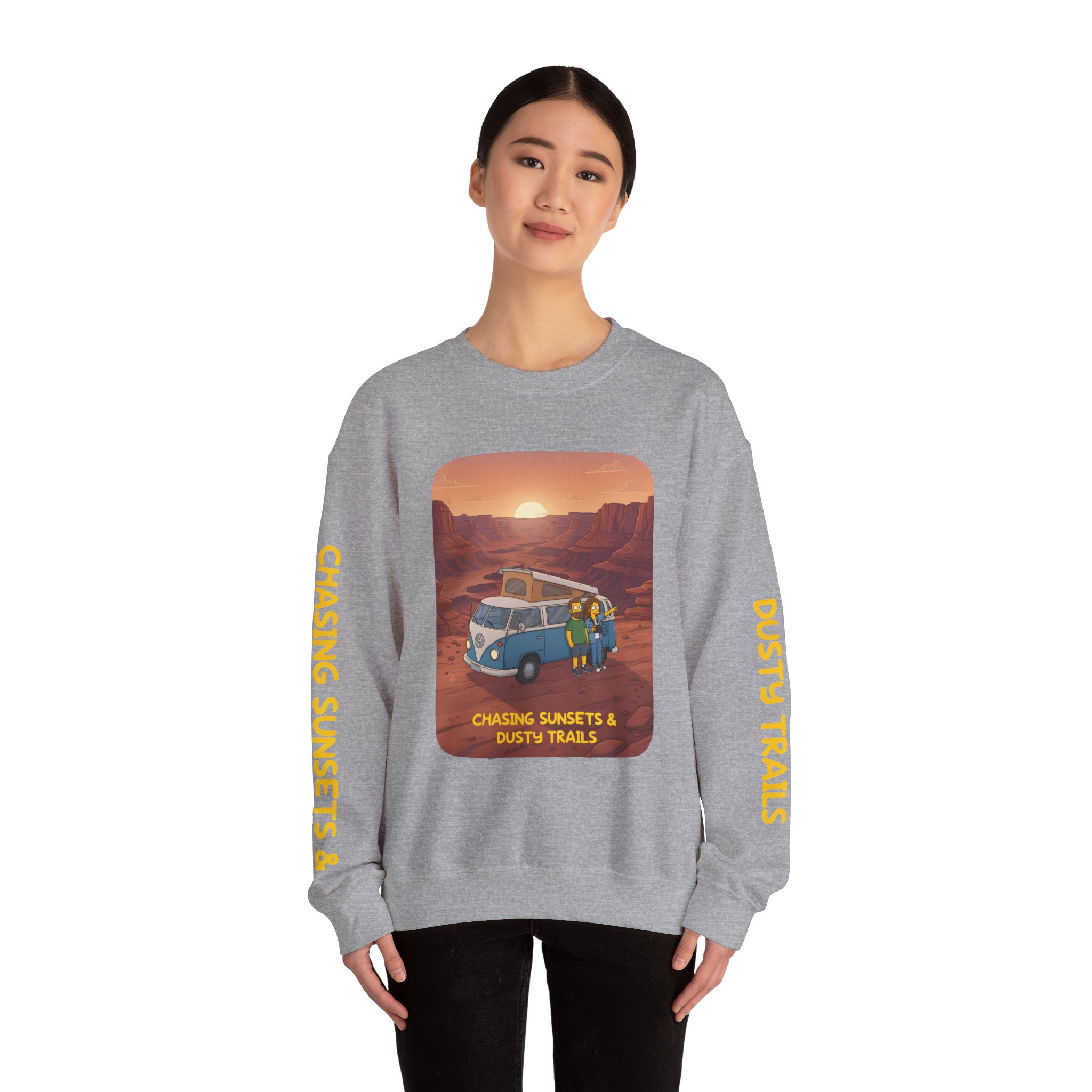 Unisex Heavy Blend™ Crewneck Sweatshirt — "Chasing Sunsets And Dusty Trails" Design Sitcom-Line