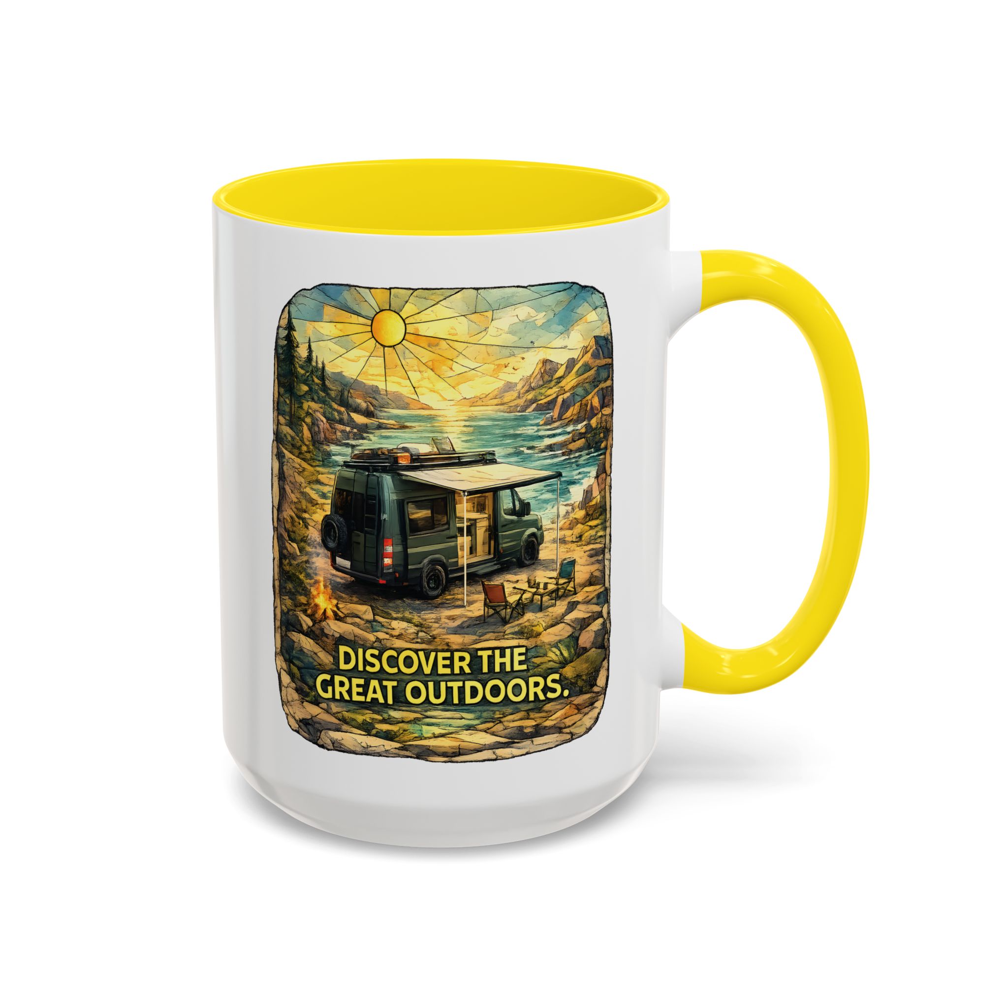 Accent Coffee Mug (11, 15oz) — "Discover The Great Outdoors" Design Cubic-Line