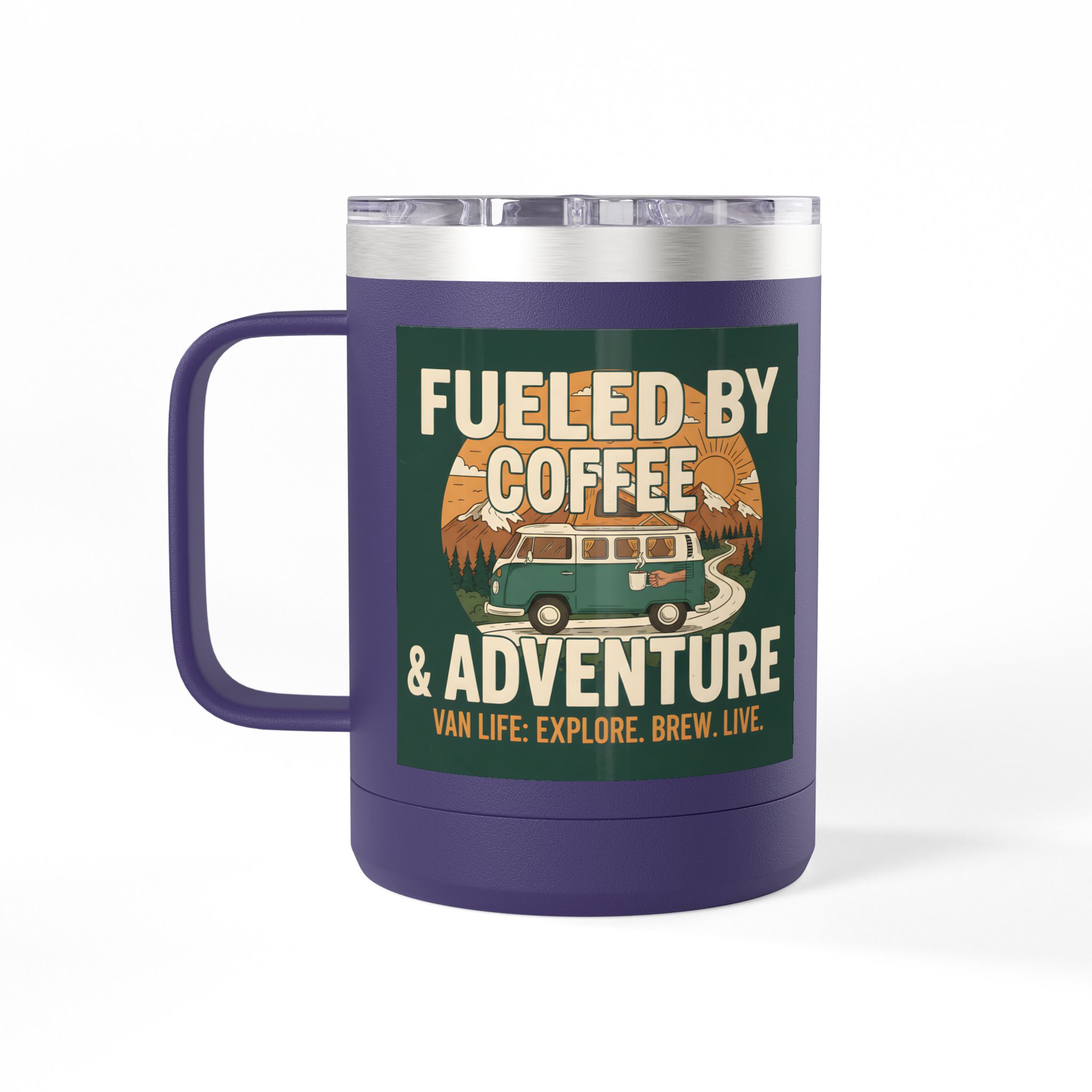 Coffee Mug Tumbler, 15oz — "Fueled by Coffee & Adventure"